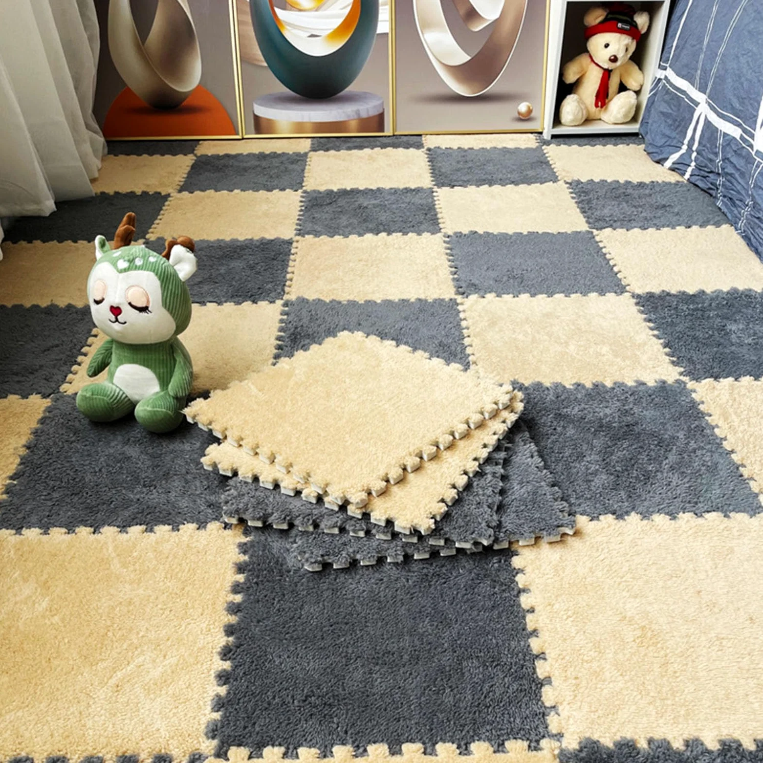 Splice Interlocking Carpet 32 Piastrelle per tappeti ad Incastro, Piastrelle per tappetini in Schiuma di Peluche, Tappetino Puzzle in Schiuma per Soggiorno/Camera da Lett,Gray+Apricot