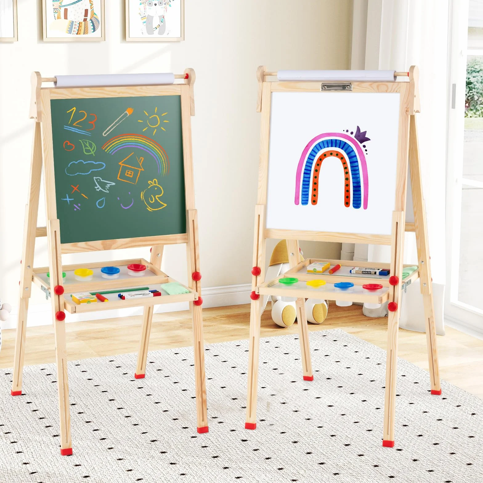 COSTWAY 3 in 1 Cavalletto per Bambini, Cavalletto Artistico in Legno con Doppia Faccia Magnetico, Lavagna Bianca, Lavagna Nera e Rotolo di Carta, Pieghevole e Altezza Regolabile