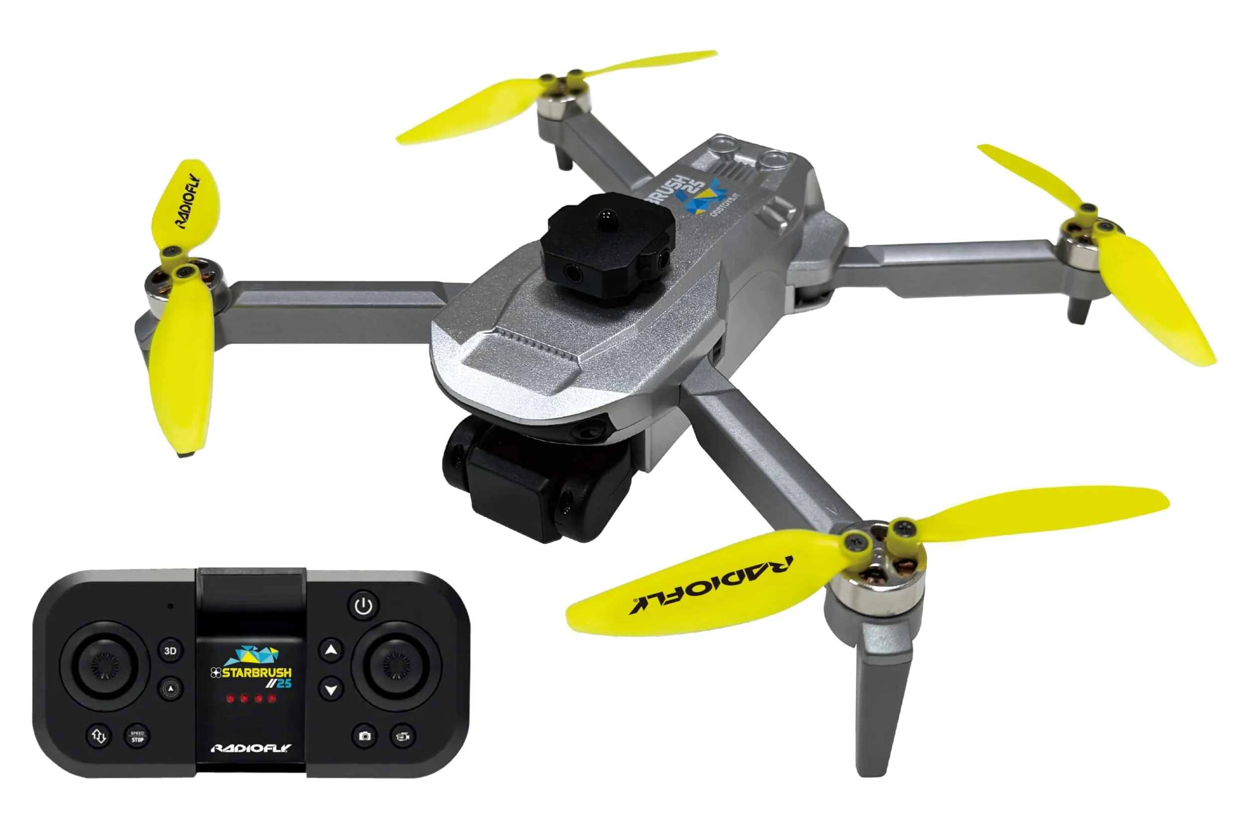 Radiofly - Star Brush // 25 Drone RC 2.4 Ghz 8 funzioni, fermoposizione, decollo e atterraggio assistiti, 3 velocità, motori BRUSHLESS anti surriscaldamento confezione porta drone
