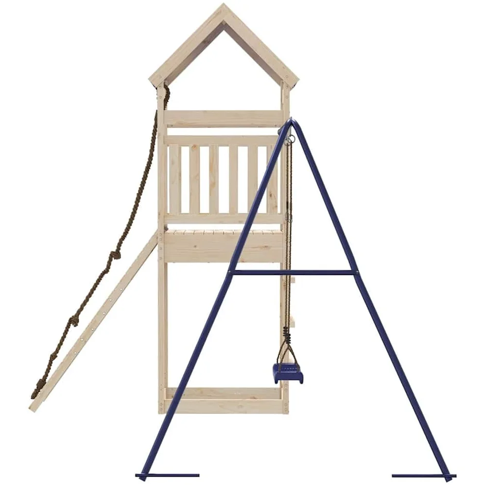 Torre da gioco in legno di pino massiccio con piattaforma da 118 cm, rampa da arrampicata, altalena e sabbiera, stabile struttura a forma di A per il giardino, con tetto a nuvola e ringhiera di