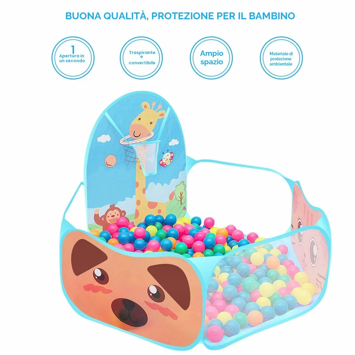 Tenda da gioco per bambini, automontante e pieghevole, con motivo stile cartone animati, con piscina per palline e canestro da basket per uso in ambienti interni ed esterni casetta per bambini
