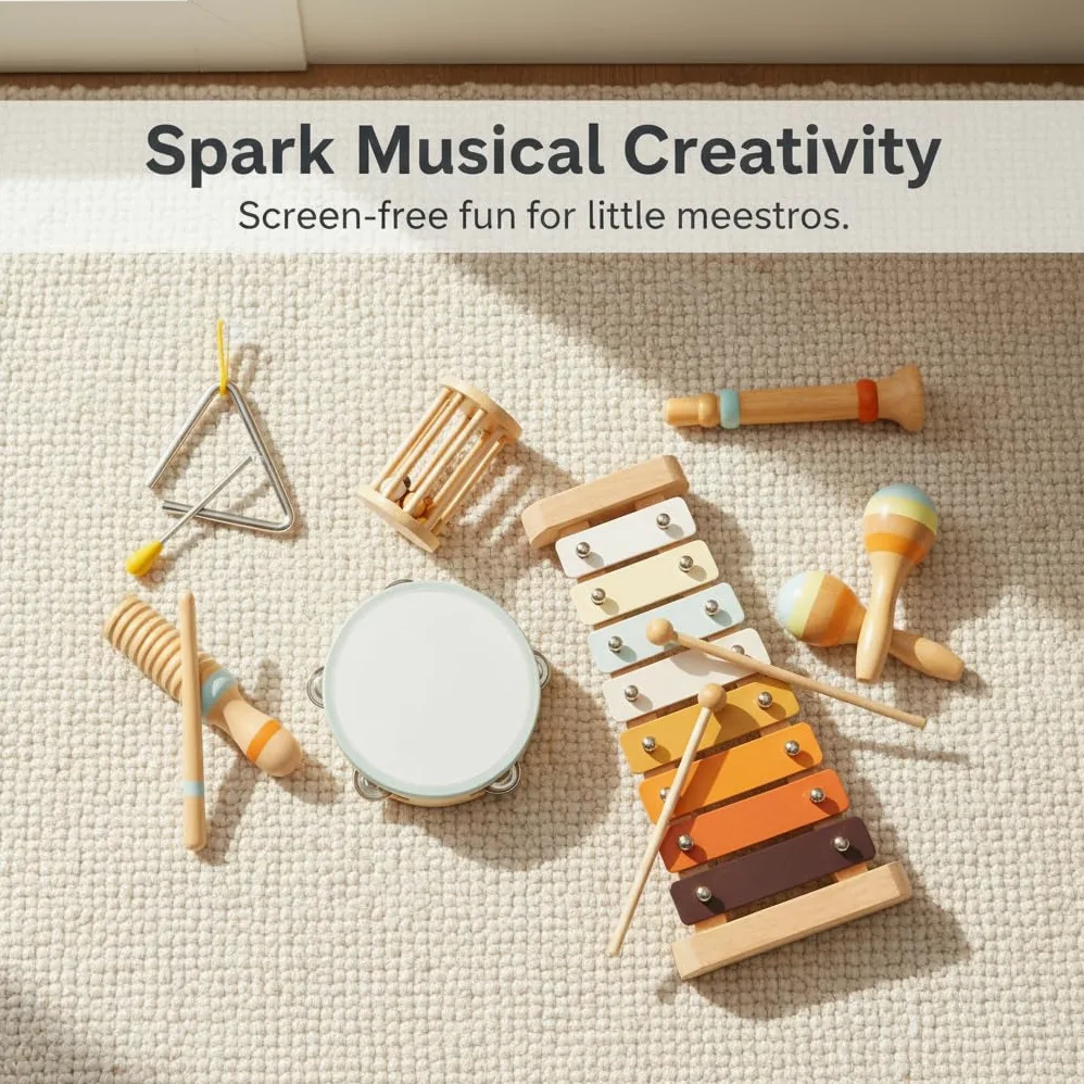 Set Strumenti Musicali Giocattolo Legno | legno, per bambini 4-6 anni, certificato 3C, metallo, plastica, tessuto, per l'esplorazione, per prescolari