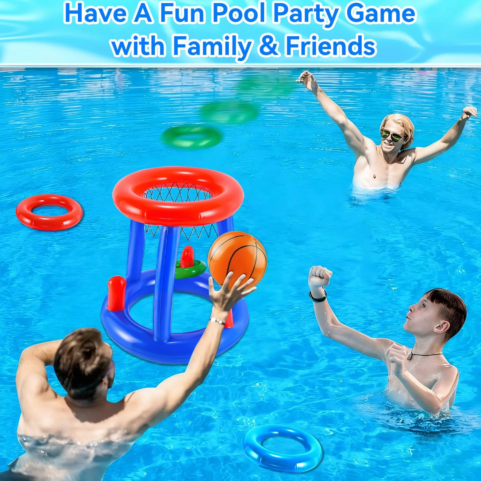 Canestro Gonfiabile per Piscina, 2 in 1 di Canestro da Basket Galleggiante e Gioco di Lancio degli Anelli Gonfiabile, Giocattolo da Gioco Acquatico per Piscina Estiva, Adatto a Bambini e Adulti