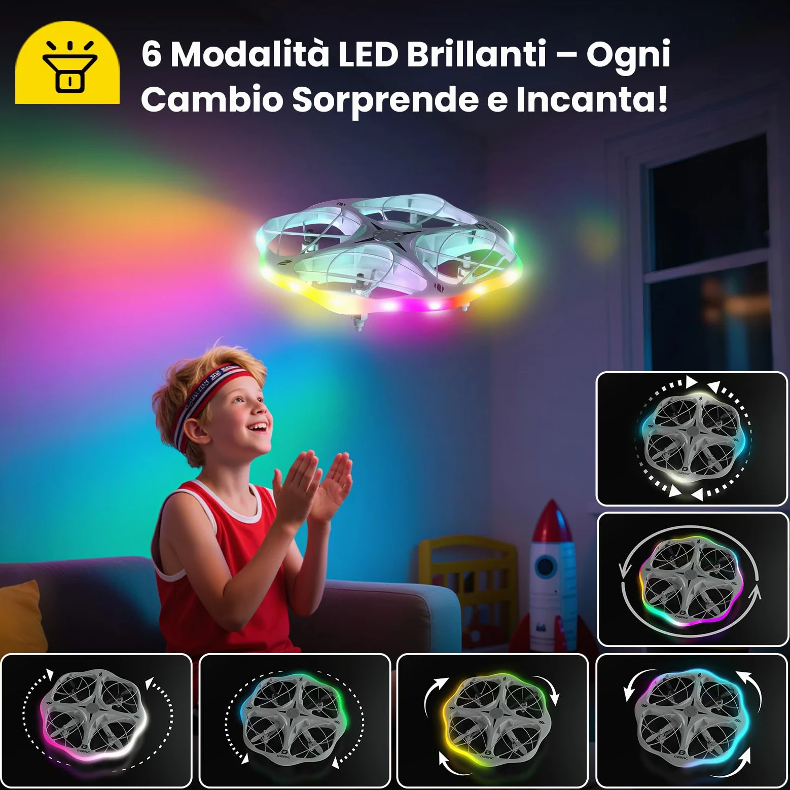 DEERC D13 Mini Drone per Bambini con 3 Batterie, Evitamento Ostacoli e LED | Mini UFO Facile da Usare con 6 Modalità LED, Lancio a Mano, Flip 3D, Regalo per Bambini 6-12 Anni