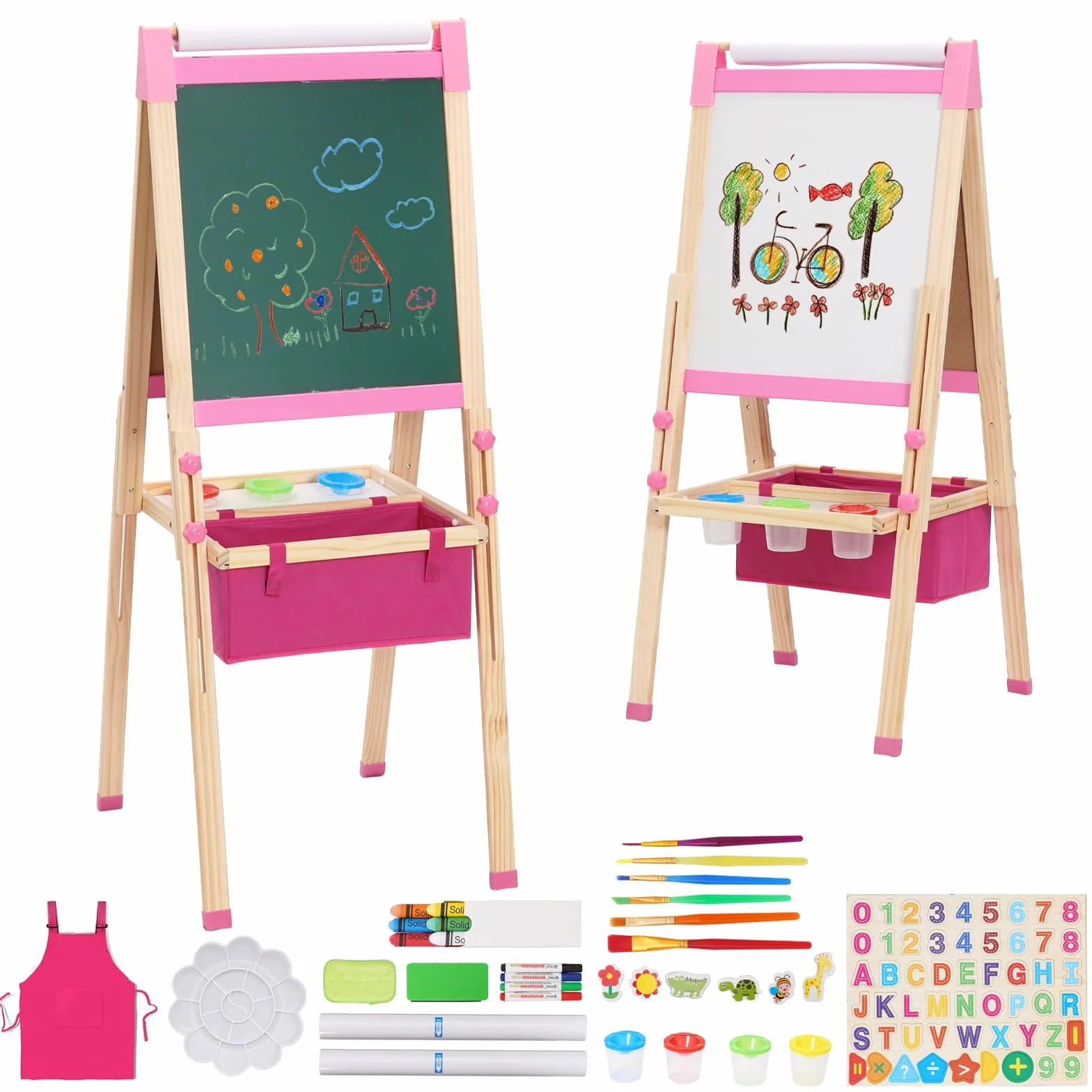 Lavagna per Bambini 3 in 1 con Rotolo di Carta, Cavalletto Artistico Pieghevole Rosa