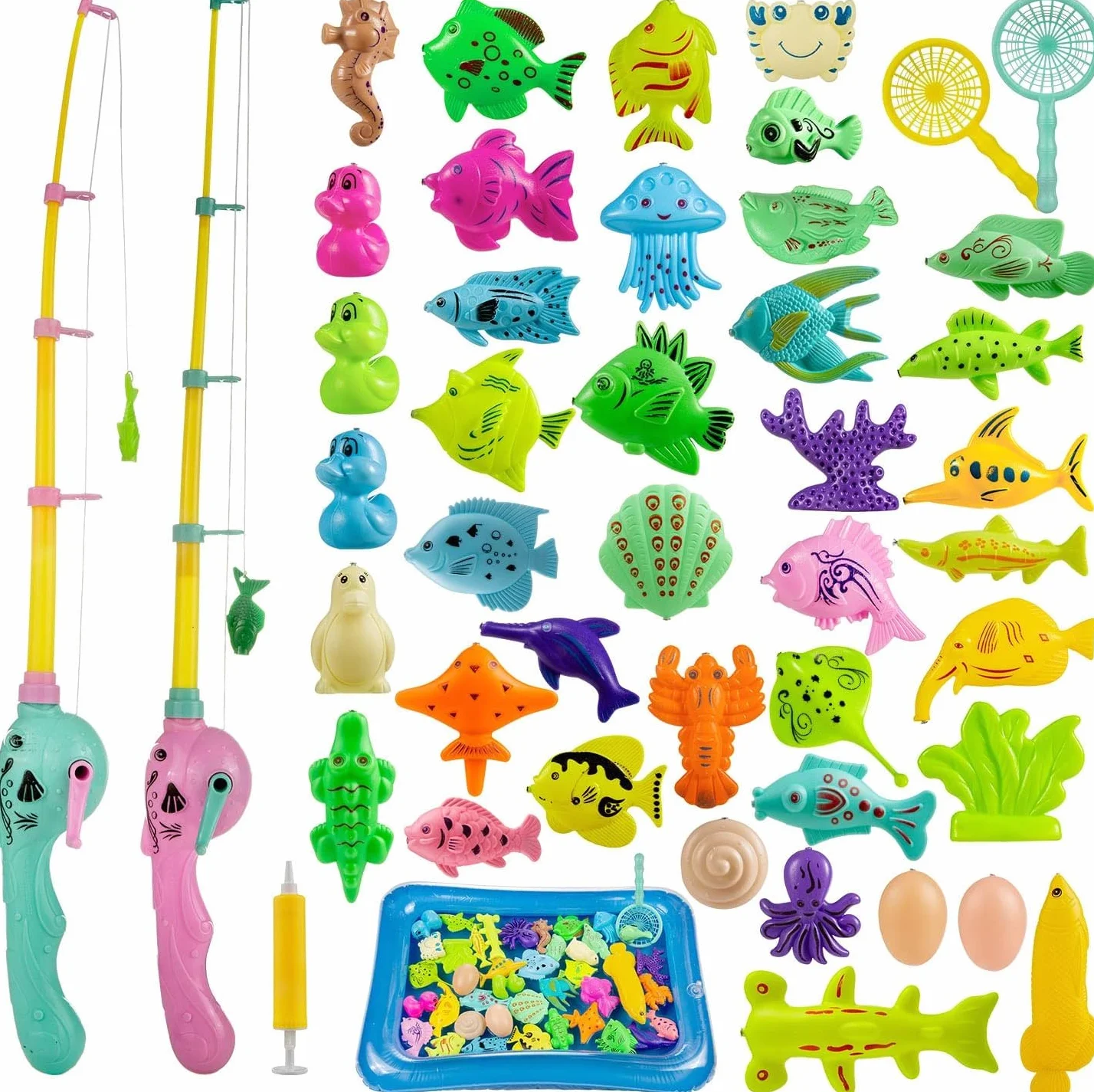 Giocattolo Pesca Magnetico 45 pezzi Fishing Game Magnetico Giocattolo da Bagno Canne da Pesca Giocattolo con Piscina Gonfiabile Giocattolo Divertente all'Aperto Regali Ottimi per Bambini