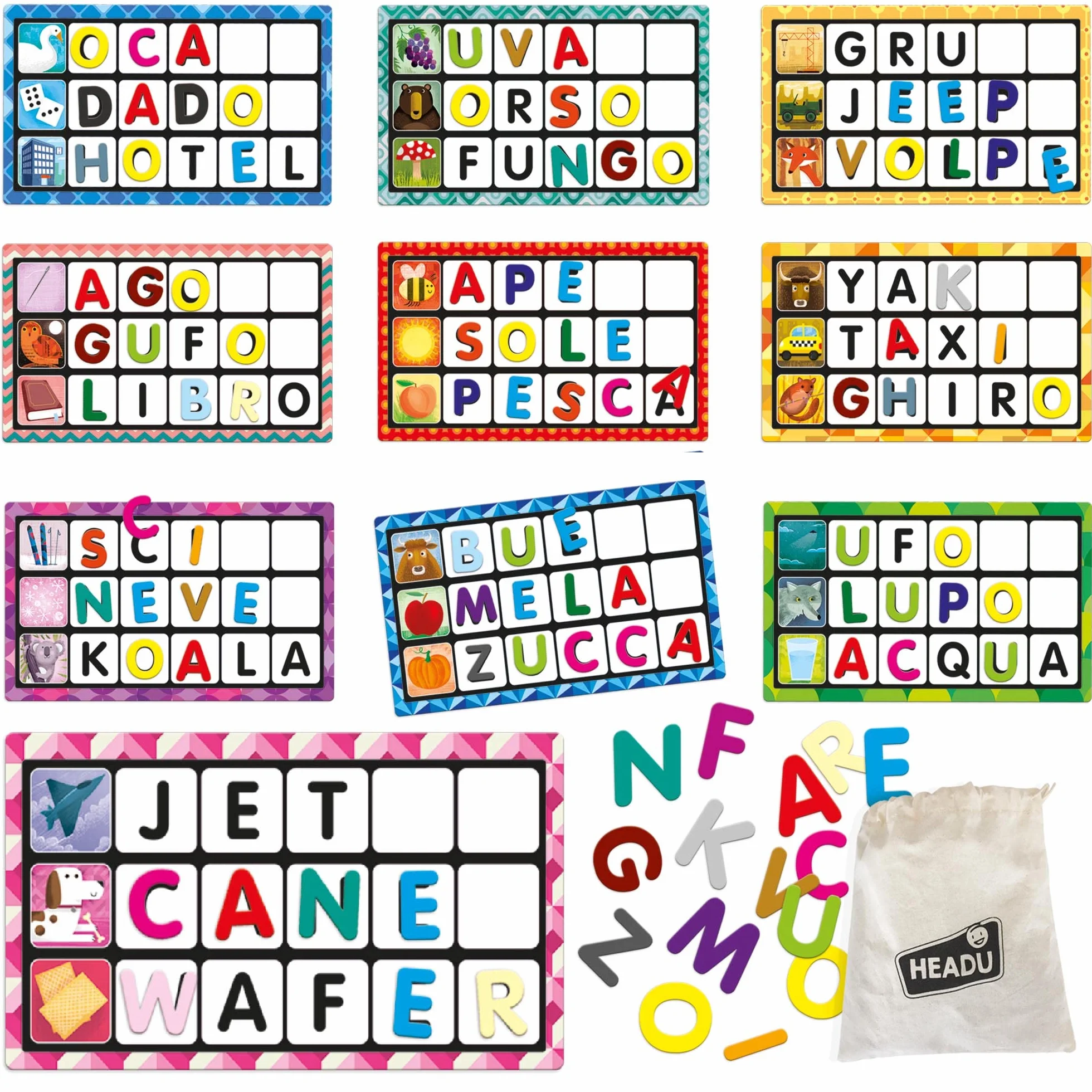 HEADU - Lettere E Parole Montessori - Tombola Tattile Per Imparare A Leggere E Scrivere | Gioco Educativo Per Bambini 3-6 Anni, Pesca le Lettere e Forma le Parole, Metodo Montessori, Made In Italy