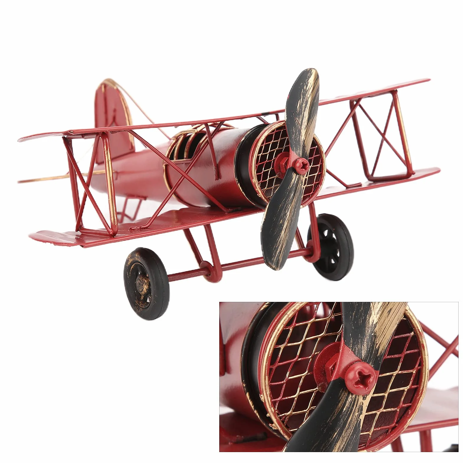 Modello Aeroplano retrò Biplane Vintage Artigianale Delicato Tricolore Decorazione Ornamento Rosso