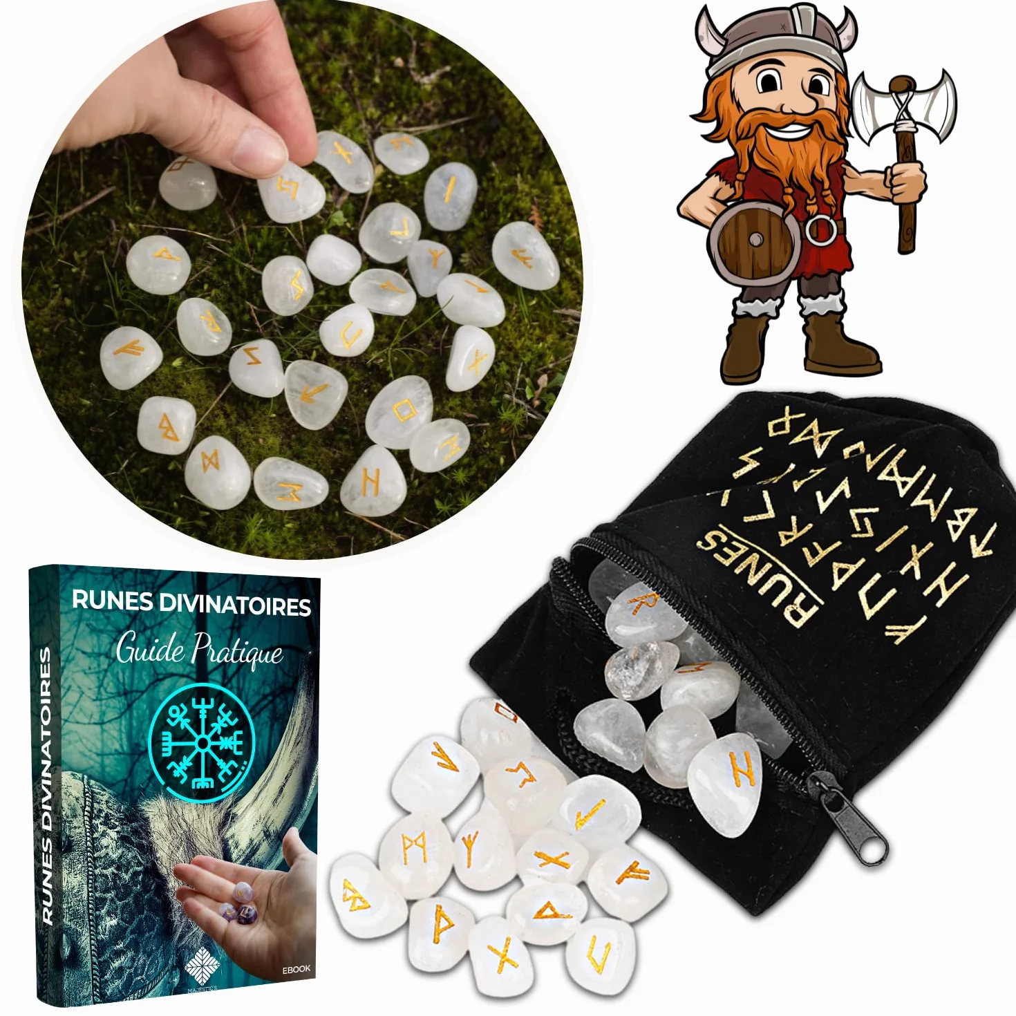 Rune Celtiche Vichinghe Cristallo di Rocca, Set x25 Pietre Lucide Semi Preziose Incise (2 cm x 1 cm) + Sacchetto Nero + Libro Pratico (PDF) - Alfabeto runico Futhark per divinazione e cartomanzia