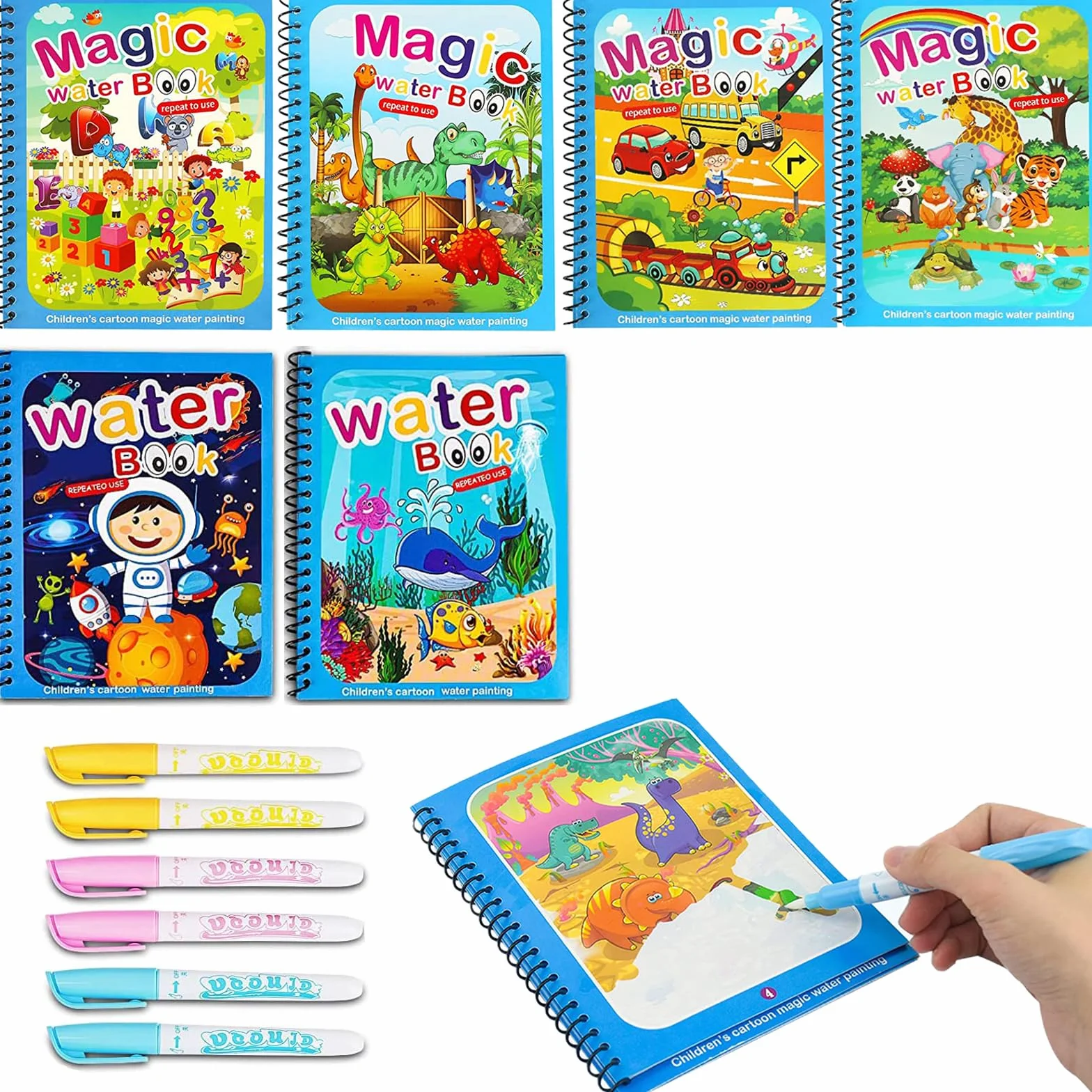 Libri per pittura ad acqua per bambini, 6 pezzi, libro magico da colorare ad acqua, riutilizzabili, con 6 penne magiche, giocattoli da viaggio per bambini in aereo