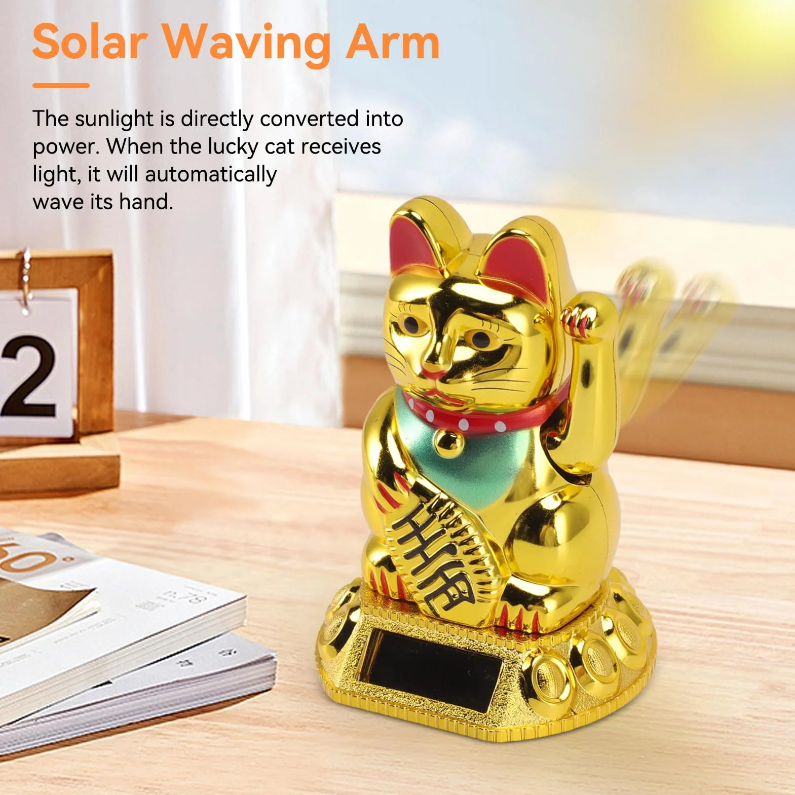 Braccio Oscillante Lucky Cat, Lucky Fortune Cat Gatto Fortunato Giapponese a Energia Solare con Braccio Oscillante Fengshui Lucky Cat Braccio Oscillante Per Auto, Desktop, Aperture Aziendali(Oro)