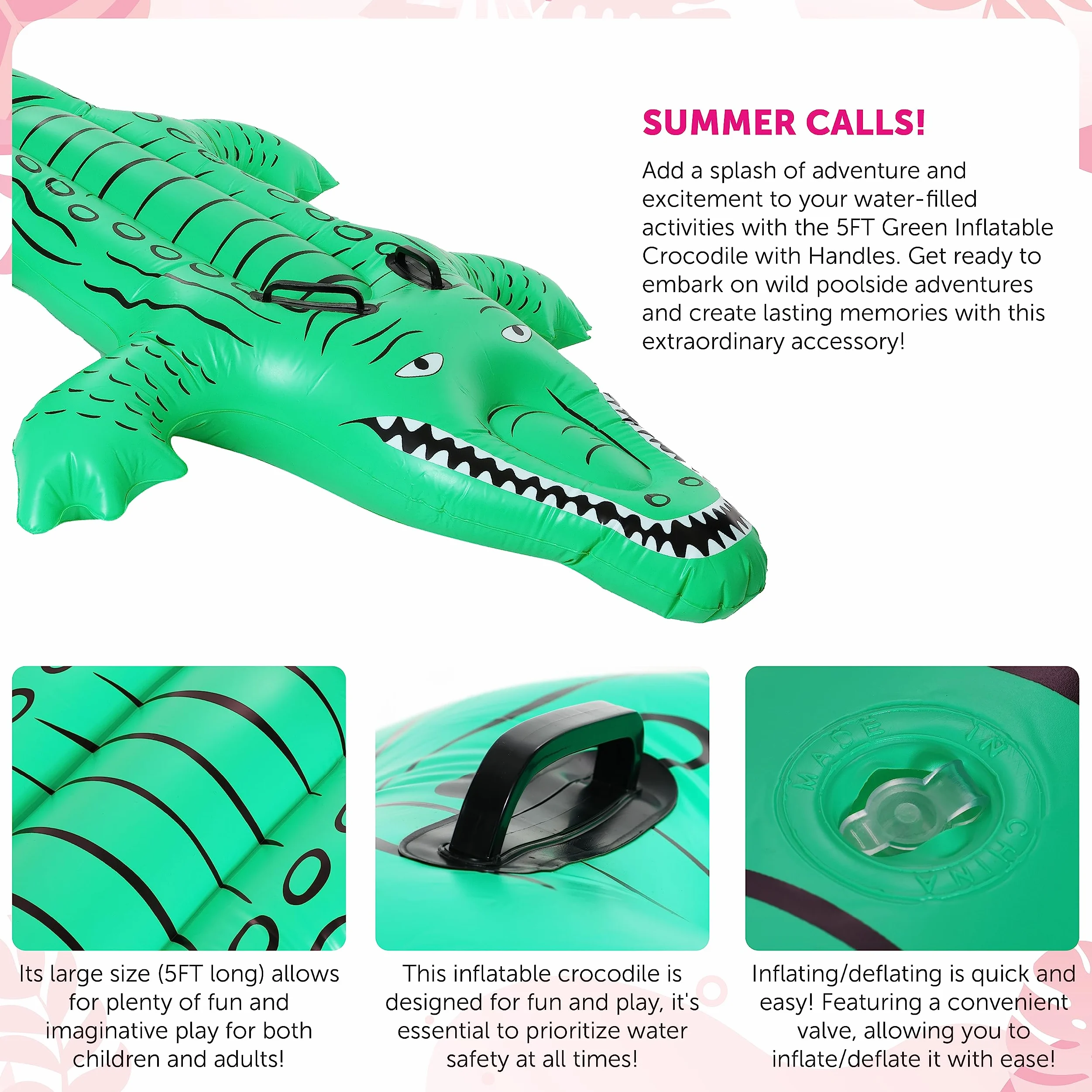 Galleggiante gonfiabile a forma di coccodrillo, 152 cm, verde, con manici, accessorio decorativo gonfiabile per feste in piscina