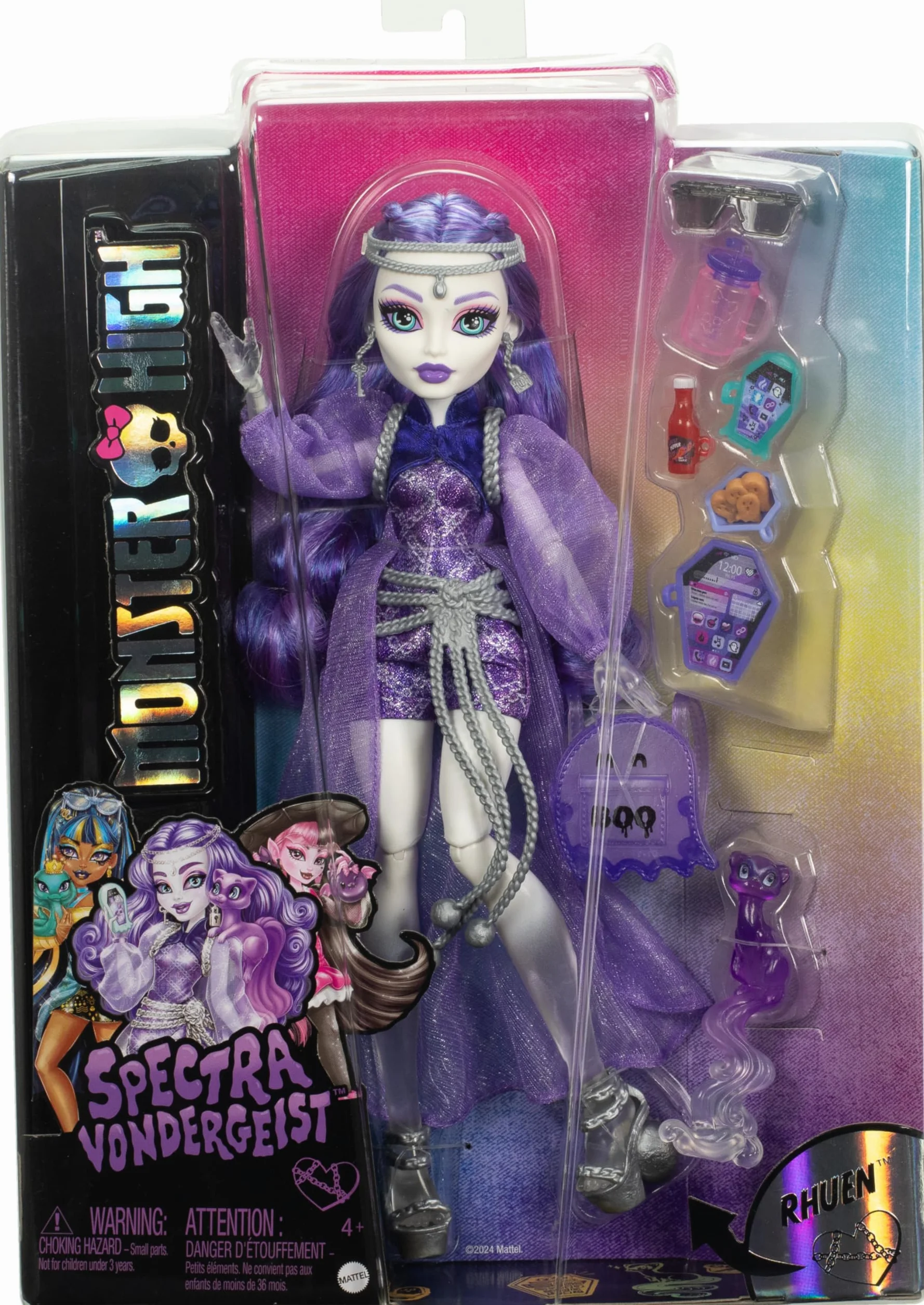 Monster High - Spectra Vondergeist, bambola alla moda con personaggio Rhuen il Furetto e tanti accessori inclusi come zaino, tablet e spuntini, giocattolo per bambini, 4+ anni, HXH77