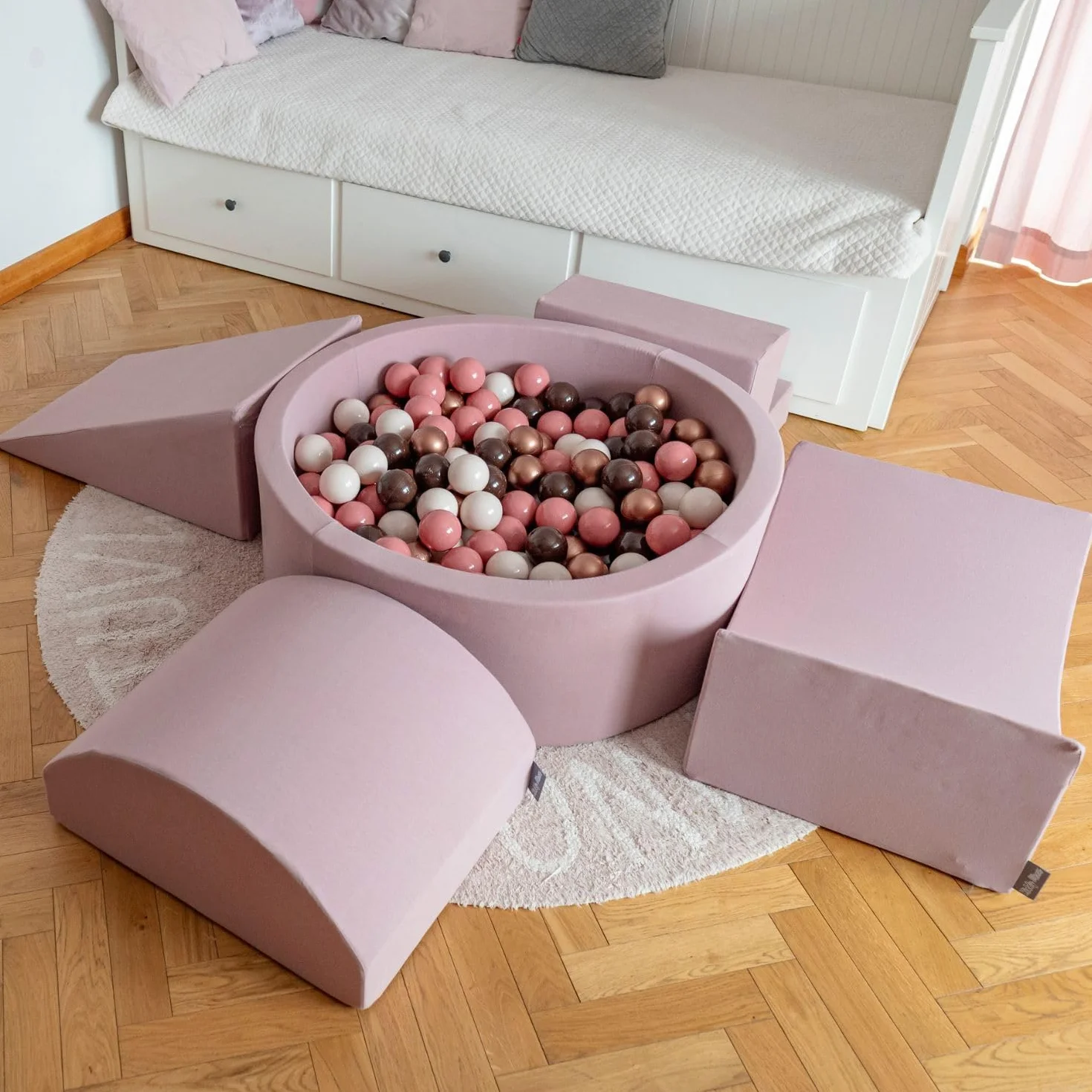 KiddyMoon Area di Gioco in Schiuma con Tondo Piscina di Palline (300 Palline) per Bambini, Erica: Marrone/Rame/Beige Pastello/Salmone