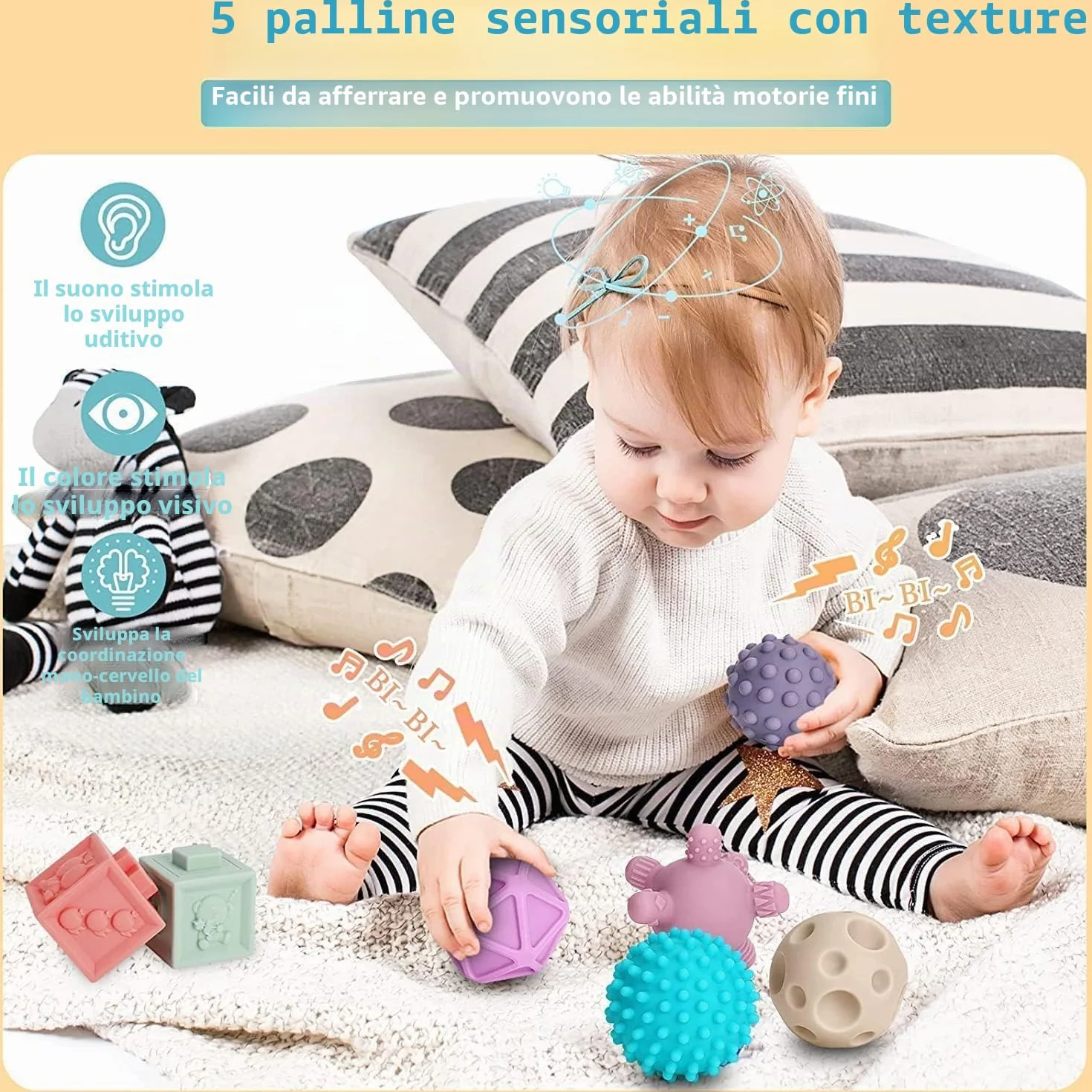 Giochi Neonato 6 Mesi, Giochi Montessori 1 Anno Sensoriale, Teether Giocattoli sensoriali Montessori educativi morbidi da impilare, Regali per Bambini da 6 9 12 Mesi