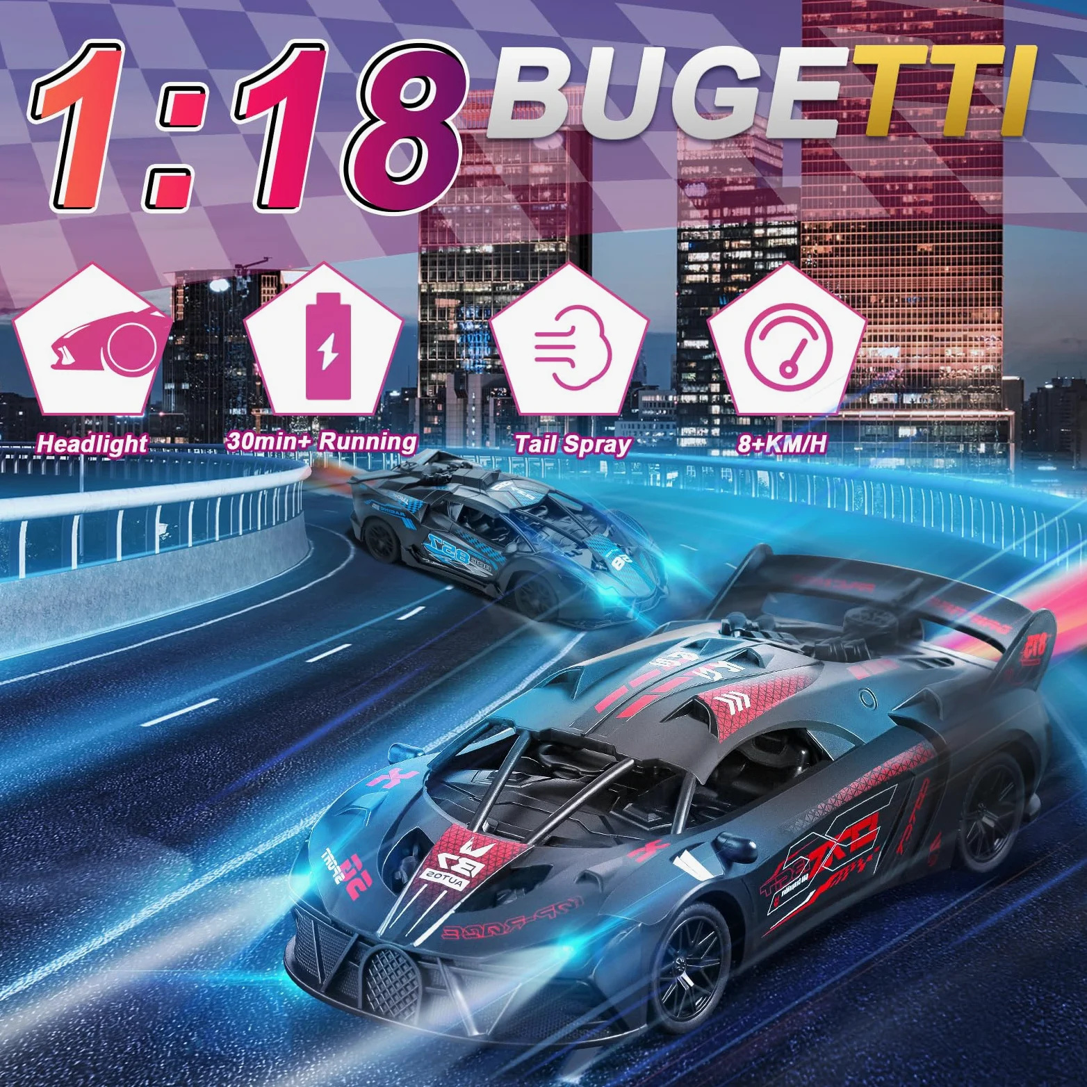 Bugetti Macchina Telecomandata per Bambini 3-12 anni Modellino RC Car, 1:18 Auto Telecomandata Bambino con Spray, Batteria Ricaricabile, Luce LED, Natale Compleanno Regalo per Ragazzi, Rosso