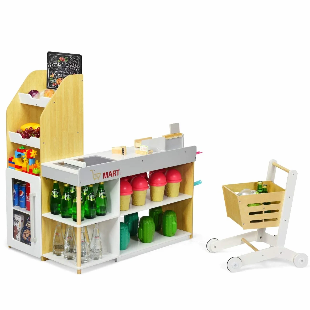 GYMAX Negozio Giocattolo per Bambini, Bancarella Mercato Giocattolo in Legno, con Carrello della Spesa, Supermercato Giocattolo Scanner, Pos, Carta di Credito e Monete di Legno, 90 x 62 x 111 cm