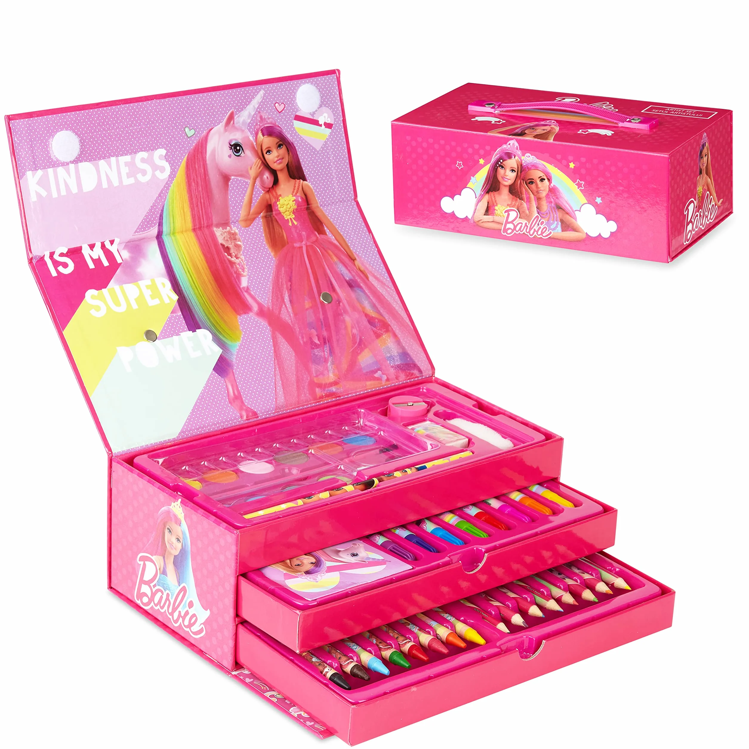 Barbie Valigetta Colori da 44 pezzi Kit Disegno e Pittura con Pennarelli Acquerelli Colori a Cera Matite Colorate