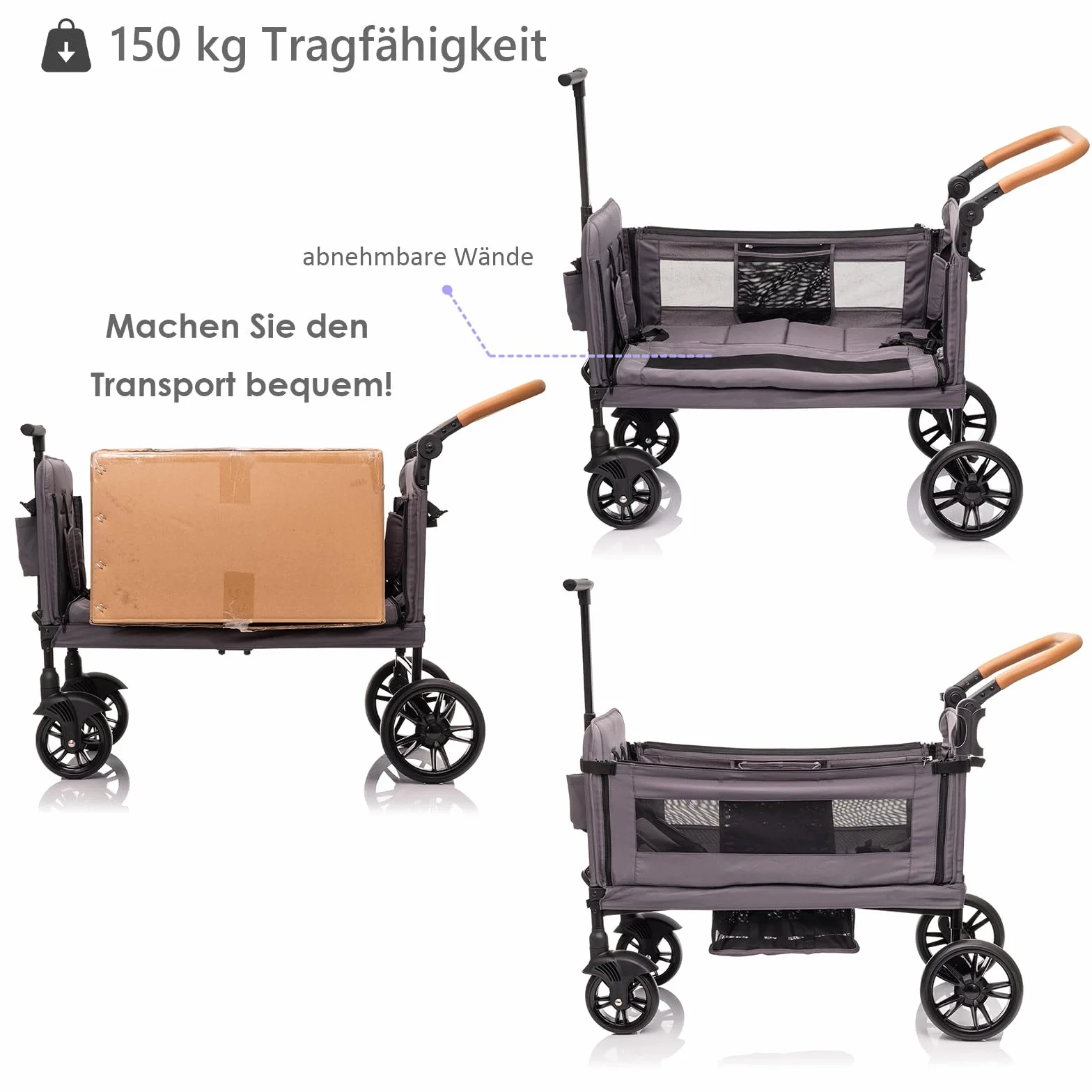 vickey Carrello pieghevole con tetto per 2 bambini, carrello cargo, pieghevole, con manico scorrevole, Duo, resistente agli urti, ruote in poliuretano con freni, portabevande, 100 l, colore: grigio