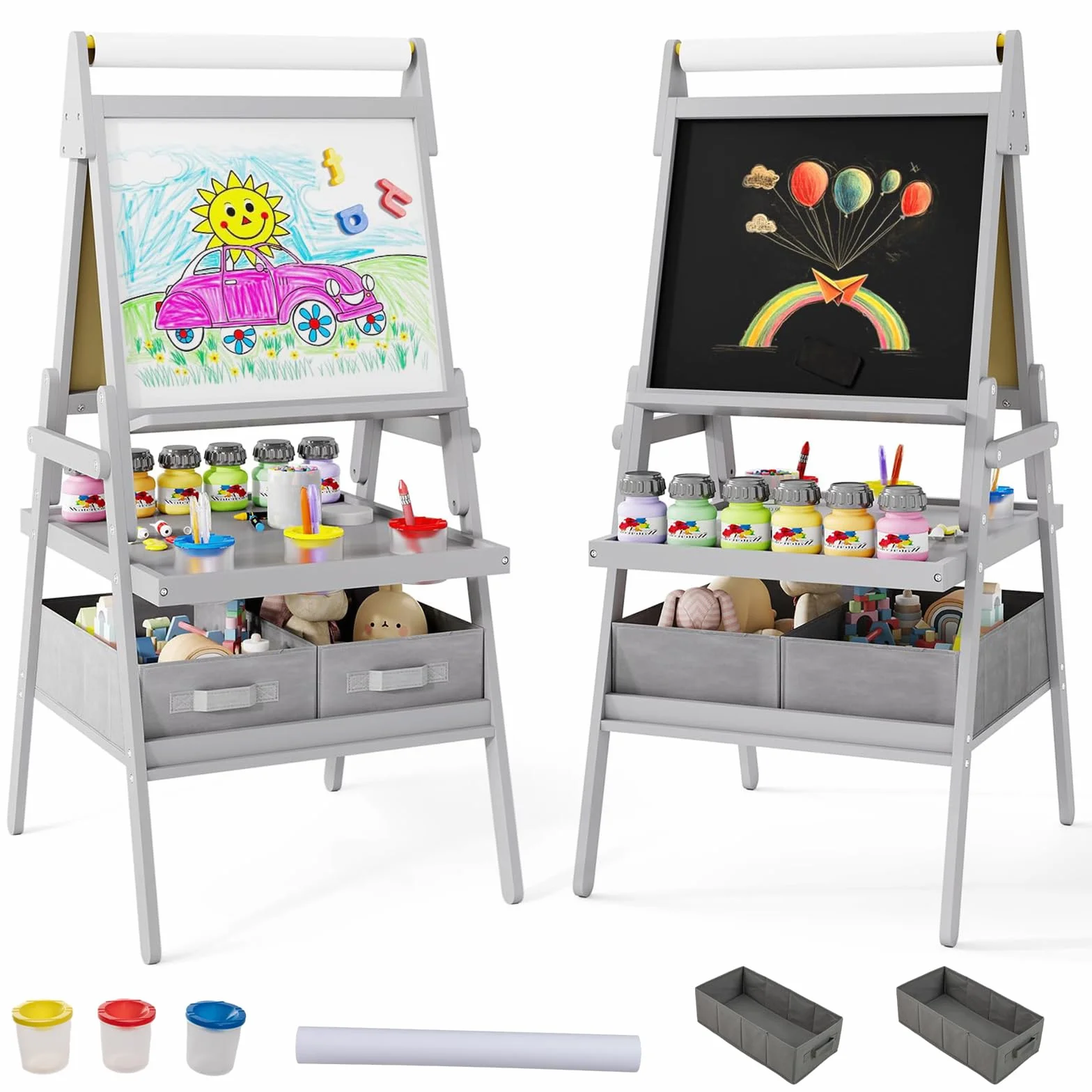 RELAX4LIFE 3 in 1 Lavagna per Bambini, Cavalletto con Doppia Faccia Magnetica e Lavagna Bianca, Rotolo di Carta, Scaffale Doppio e 2 Cesto in Tessuto Pieghevole, 3 Tazze, per 3+ Anni