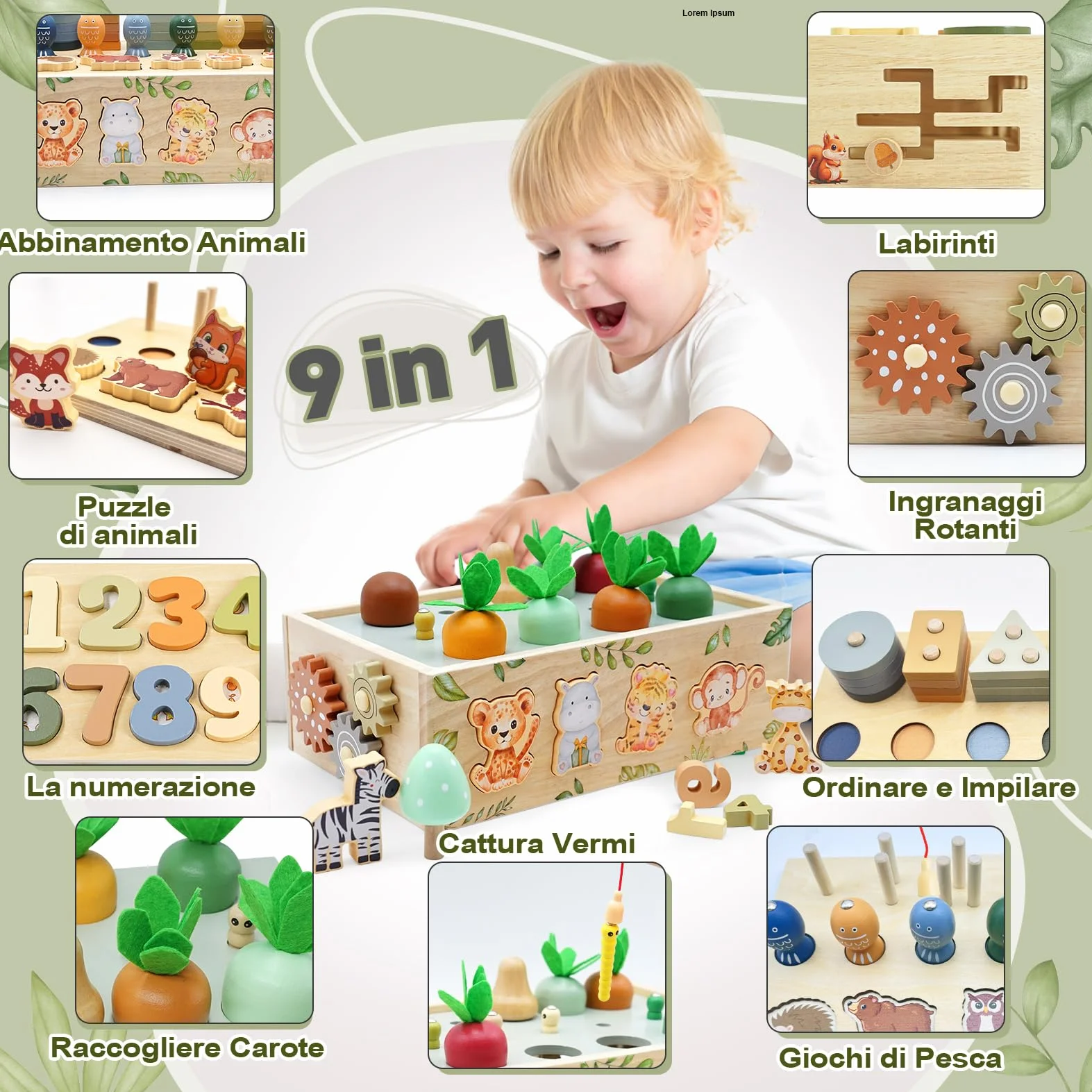 Giochi Montessori 1 2 3 Anni, 9 in 1 Giochi di Legno per Bambini 1 Anno, Giocattoli Bambini 123 Anni Montessori Maschio Femmina, Giochi Educativi 1 2 3 Anni Legno, Regalo Bambino Bambina
