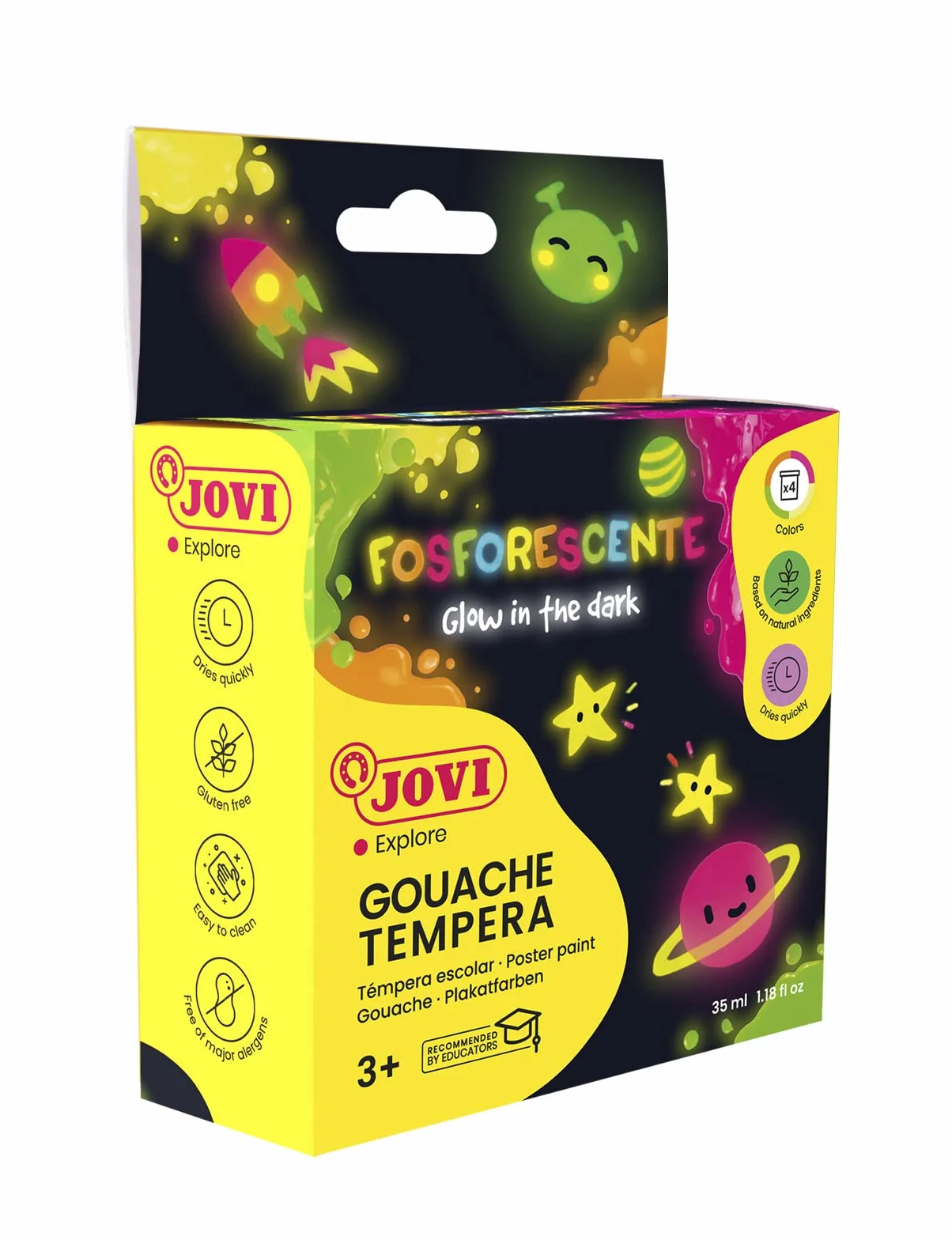 Jovi 504 Scatola con 4 barattoli di Tempera Fosforescente, 55 ml, Assortiti