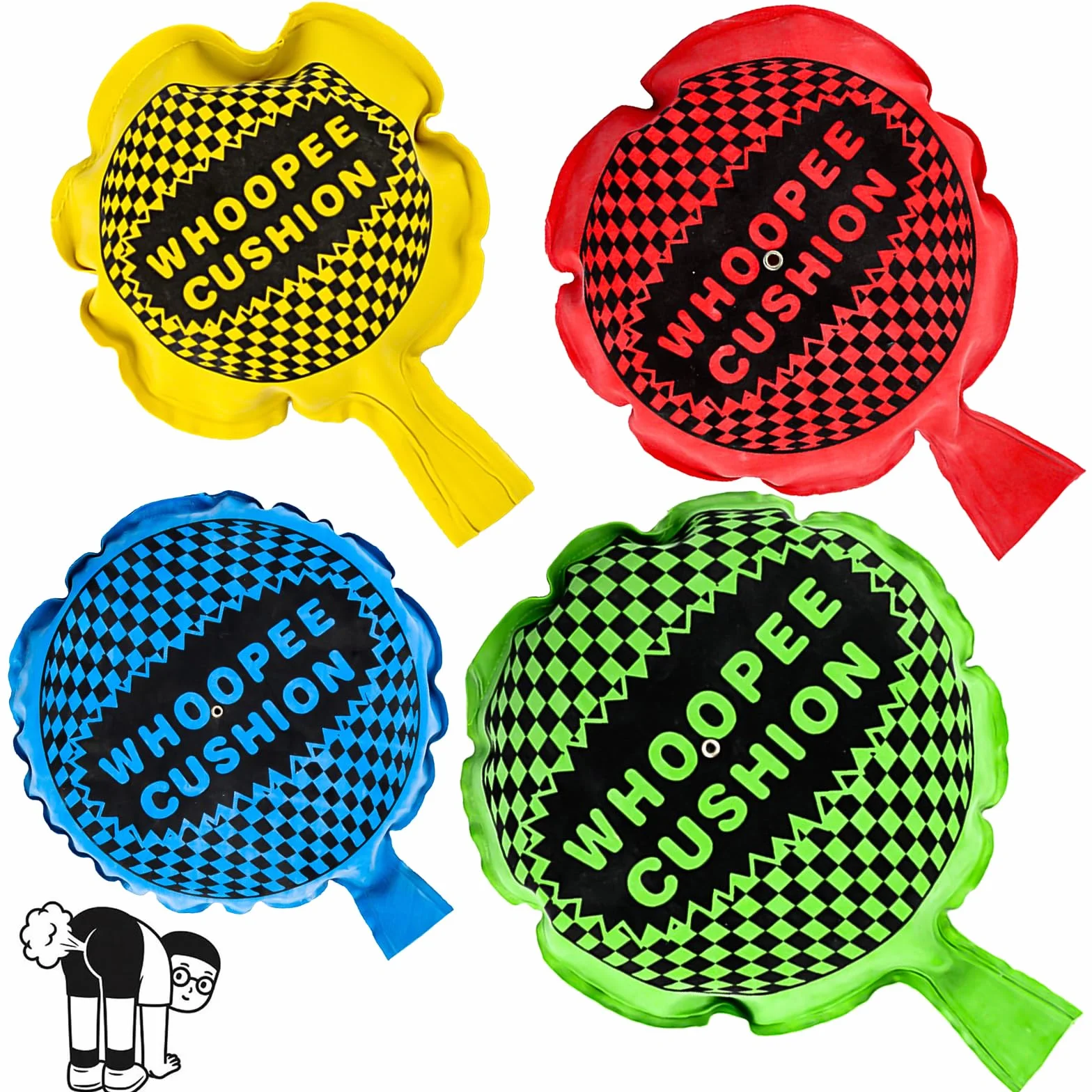 4 Pezzi Cuscino Scorreggione Cojín pedos,Autogonfiante Whoopee Cuscino,Cuscino per Scoregge,Adatto Bambini Adulti per Scherzi Divertimento (Grande/Verde,Medio/Rosso,Piccolo/Giallo+Blu)