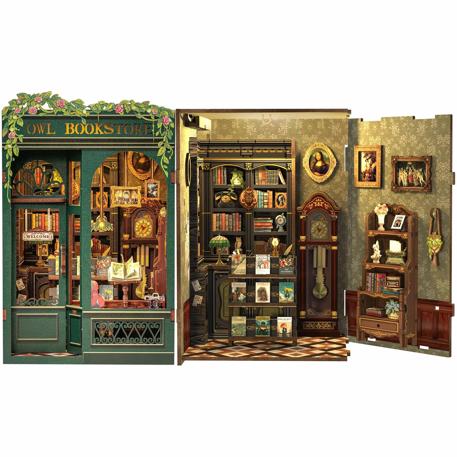 Fsolis Book Nook DIY - Miniatura in Legno Casa delle Bambole, Inserto per Libreria, Decorazione Creativa Biblioteca, Modello Costruibile & Regalo Originale(Owl Bookstore)