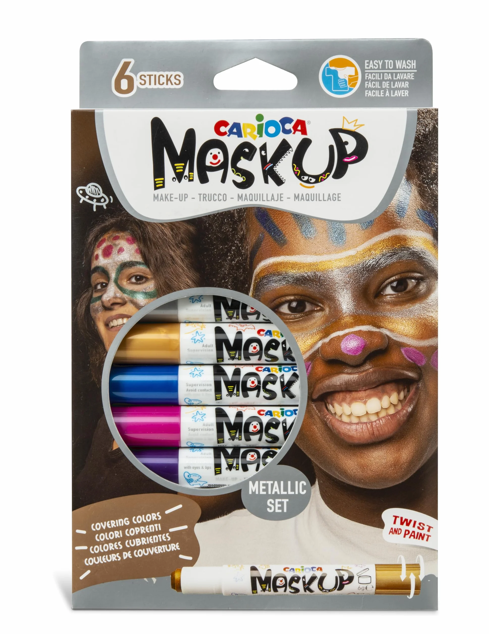 CARIOCA Set Mask Up Metallic, Kit Truccabimbi, Set Trucchi per Bambine e Bambini, Trucchi per la Pelle in Stick a Base Acqua, Colori Assortiti e Tutorial con 2 Fantasie, 6 Pezzi