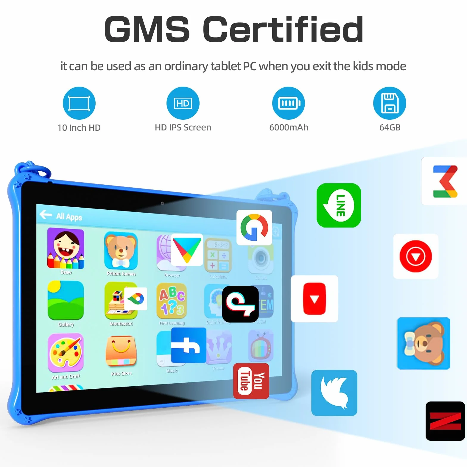 PRITOM Tablet per bambini da 10 pollici con Android 13 da 64 GB, espandibile a 512 GB, doppia fotocamera, tablet per bambini dai 3 anni in su (blu)