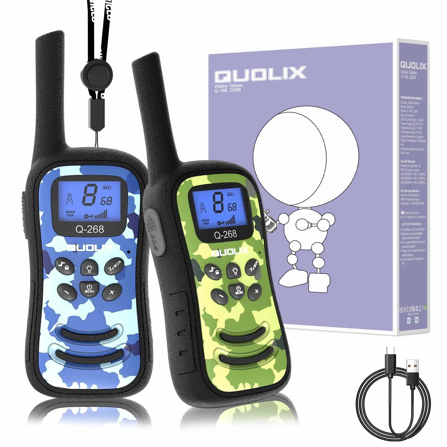 QUOLIX Walkie Talkie Ricaricabili per Bambini, Radio 8 Canali a Lunga Distanza con Torcia, Blu+Verde