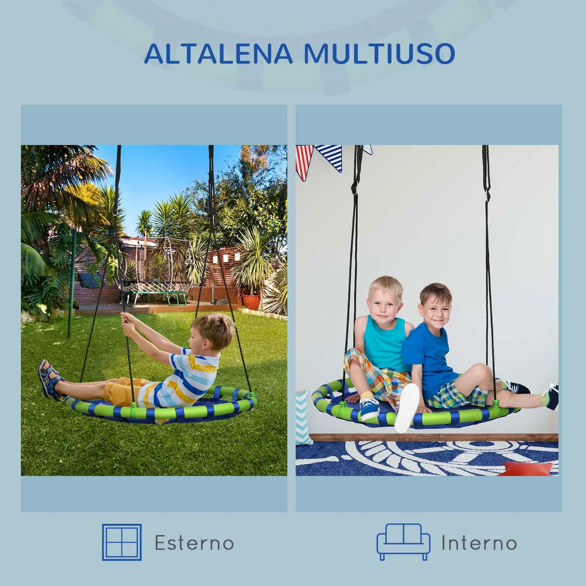 Outsunny Altalena da Giardino per Bambini da 3-8 Anni Ø100cm Blu | Altalena a Nido, Corde Regolabili, Giochi da Giardino per Bambini