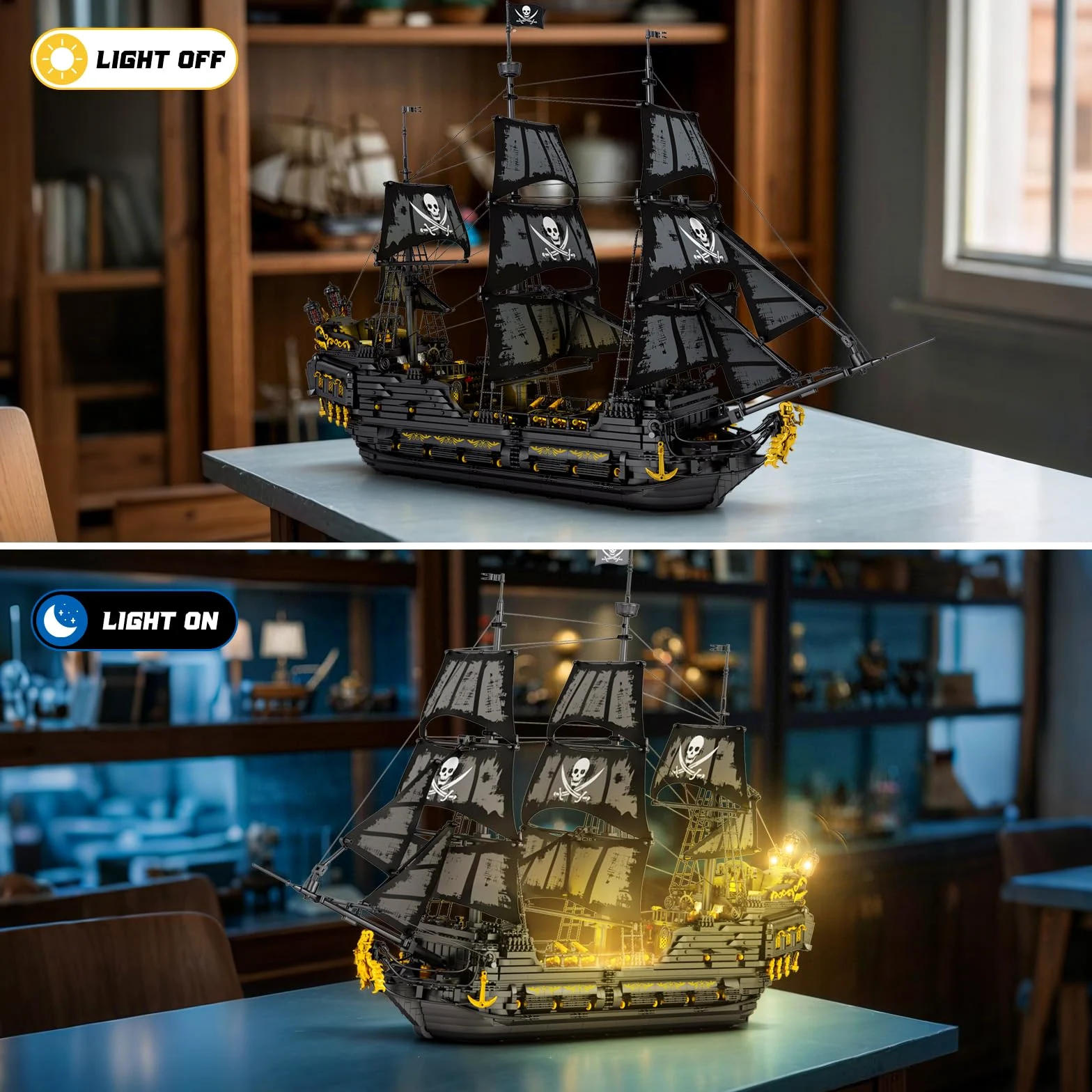 Reobrix Perla Nera Nave Pirata 66036, Grande Veliero Galeone in Mattoncini con Luci LED, Nave Fantasma Avventura, Modello Set da Collezione per Adulti 14+, Idea Regalo