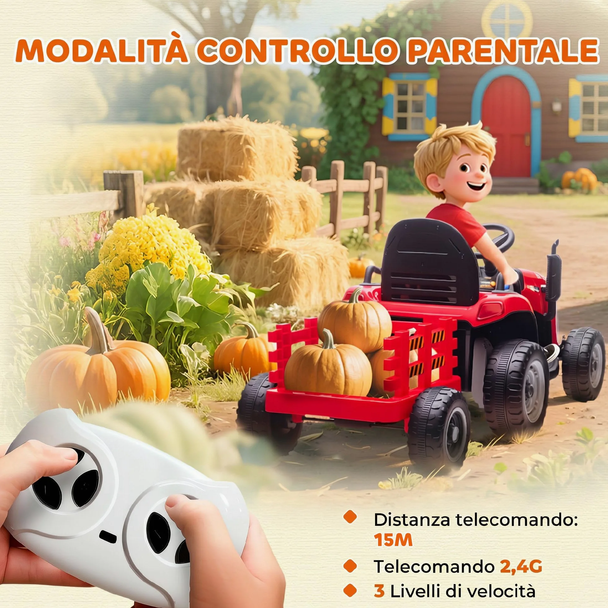 AIYAPLAY 2 in 1 Trattore Elettrico per Bambini 12V con Rimorchio Rosso | 3-8 Anni, Rimorchio Staccabile, Auto Elettrica Cavalcabile per Bambini, Telecomando, Cintura di Sicurezza, Musica, Luci LED