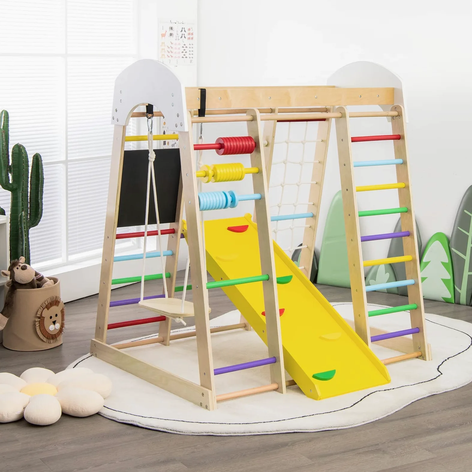 RELAX4LIFE 8 in 1 Triangolo da Arrampicata Multifunzione, Parco Giochi in legno Massello con Scivolo, Altalena e Lavagna, Uso Interno, per Bambini 1 a 5 anni (Modello 3 Colorato)