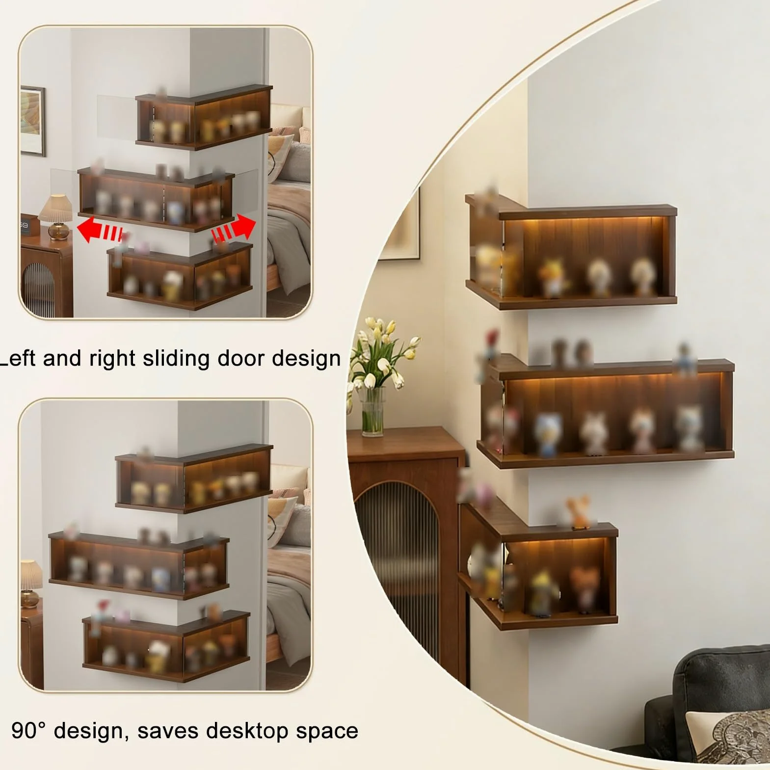 Vetrina Espositiva, Mensole Sospese In Acrilico Trasparente, Mensola Angolare In Legno Da Parete Per Soggiorno, Studio, Camera Da Letto, Salvaspazio(Marrone,Combination)