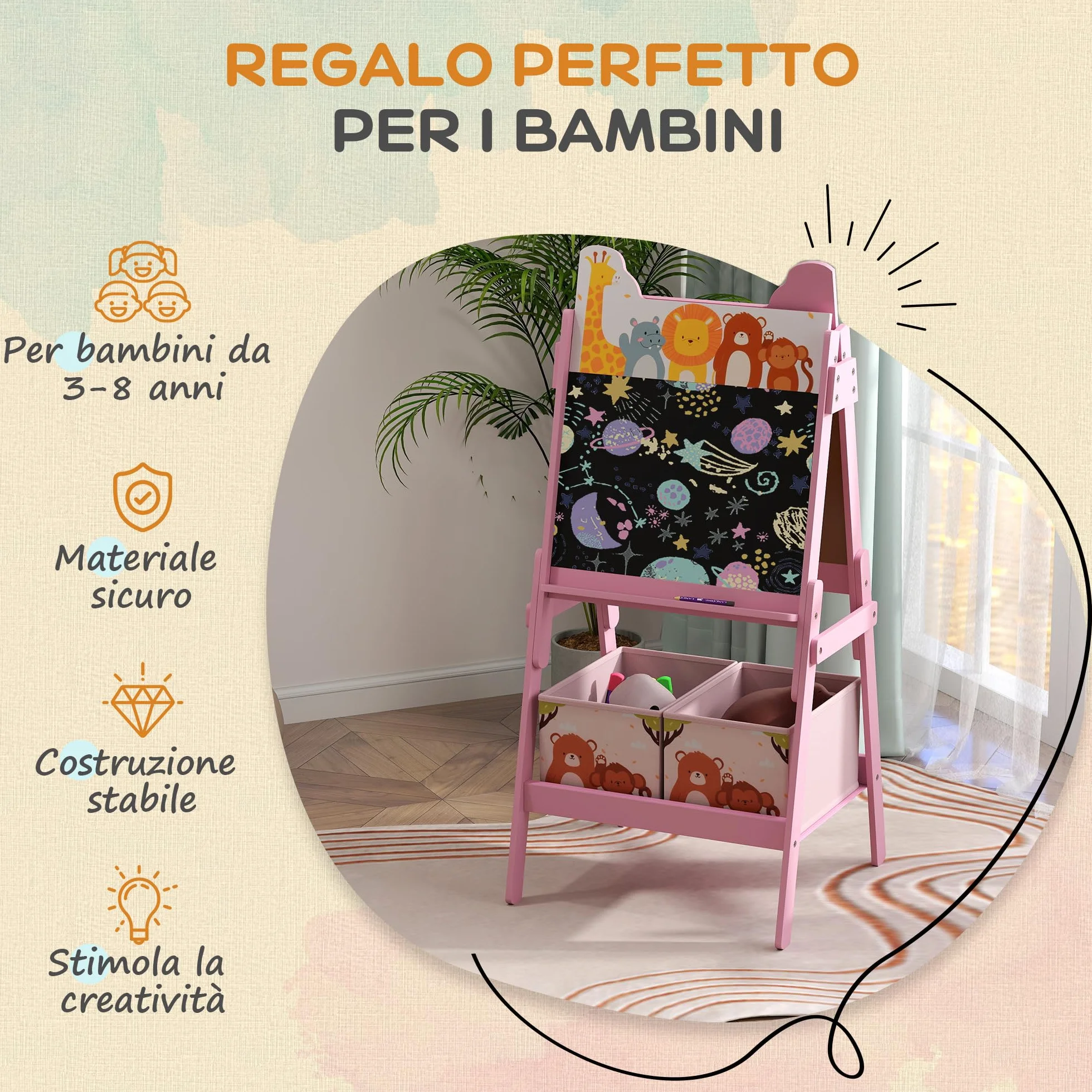 AIYAPLAY Cavalletto Artistico per Bambini in Legno 3-8 Anni con Lavagna Bianca e Nera 53.5x49x113 cm Rosa