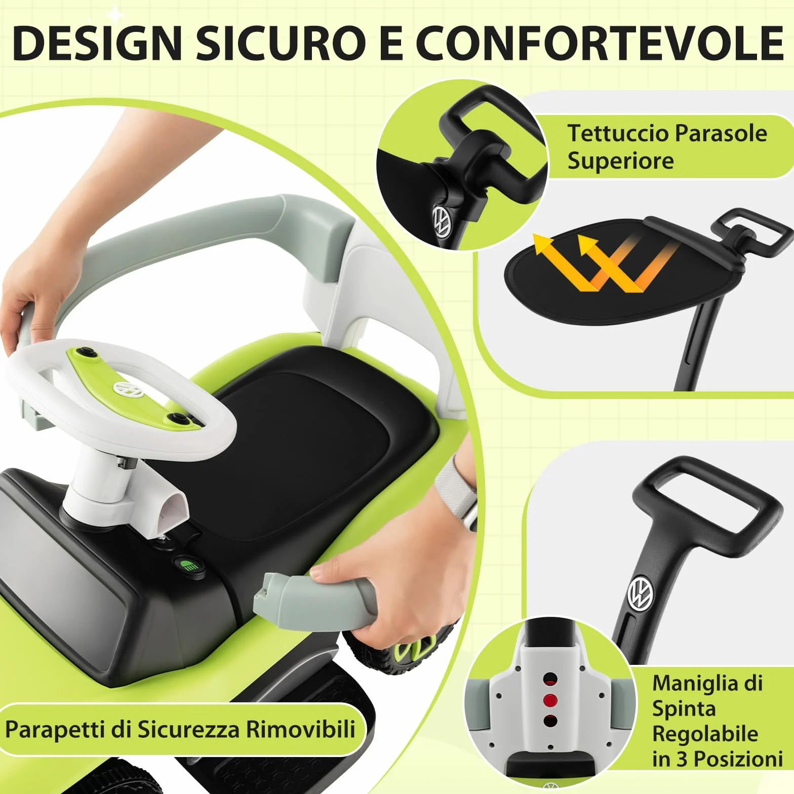 COSTWAY Volkswagen 3 in 1 Macchina Cavalcabile a Spinta per Bambini con Maniglione Regolabile Parasole e Musica 1-3 Anni