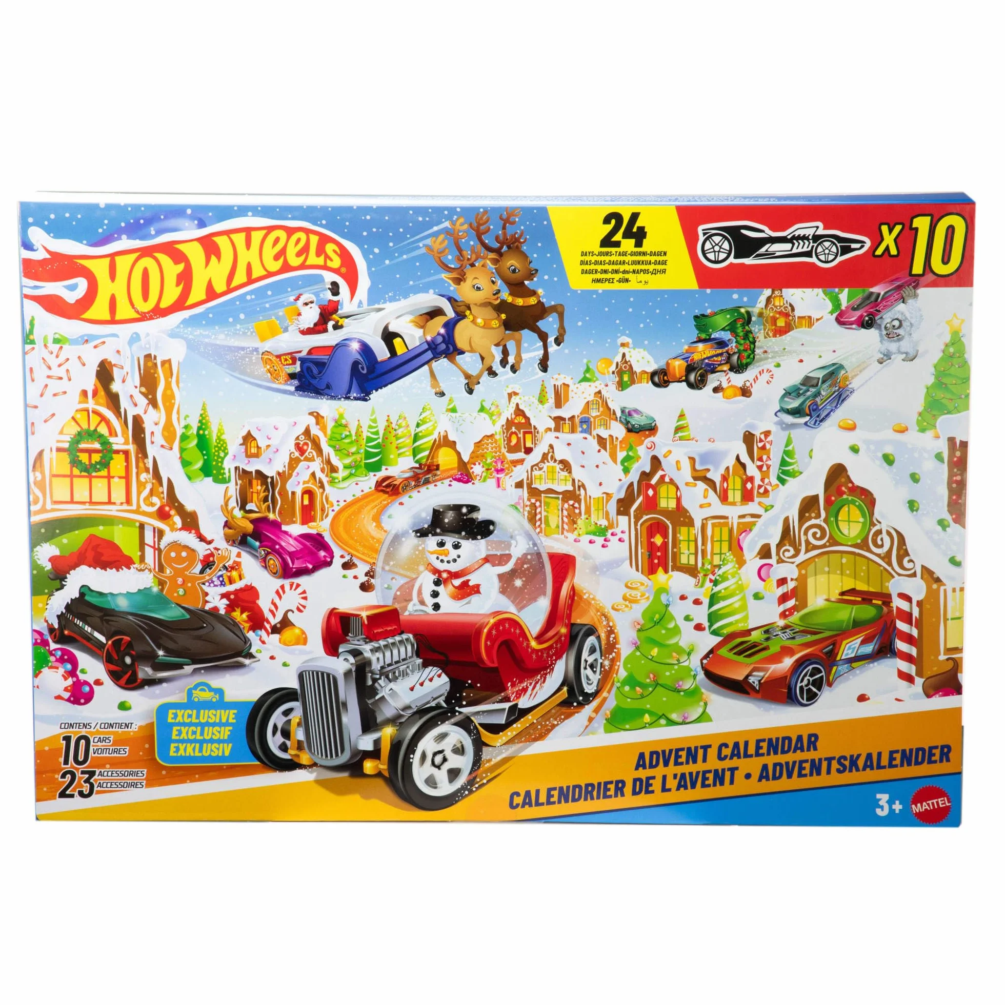 Hot Wheels - Calendario dell'Avvento 2025, 24 finestrelle numerate con sorprese a tema Natale, 10 macchinine, 10 clip e 14 accessori inclusi, giocattolo per bambini, 3+ anni, JCB47