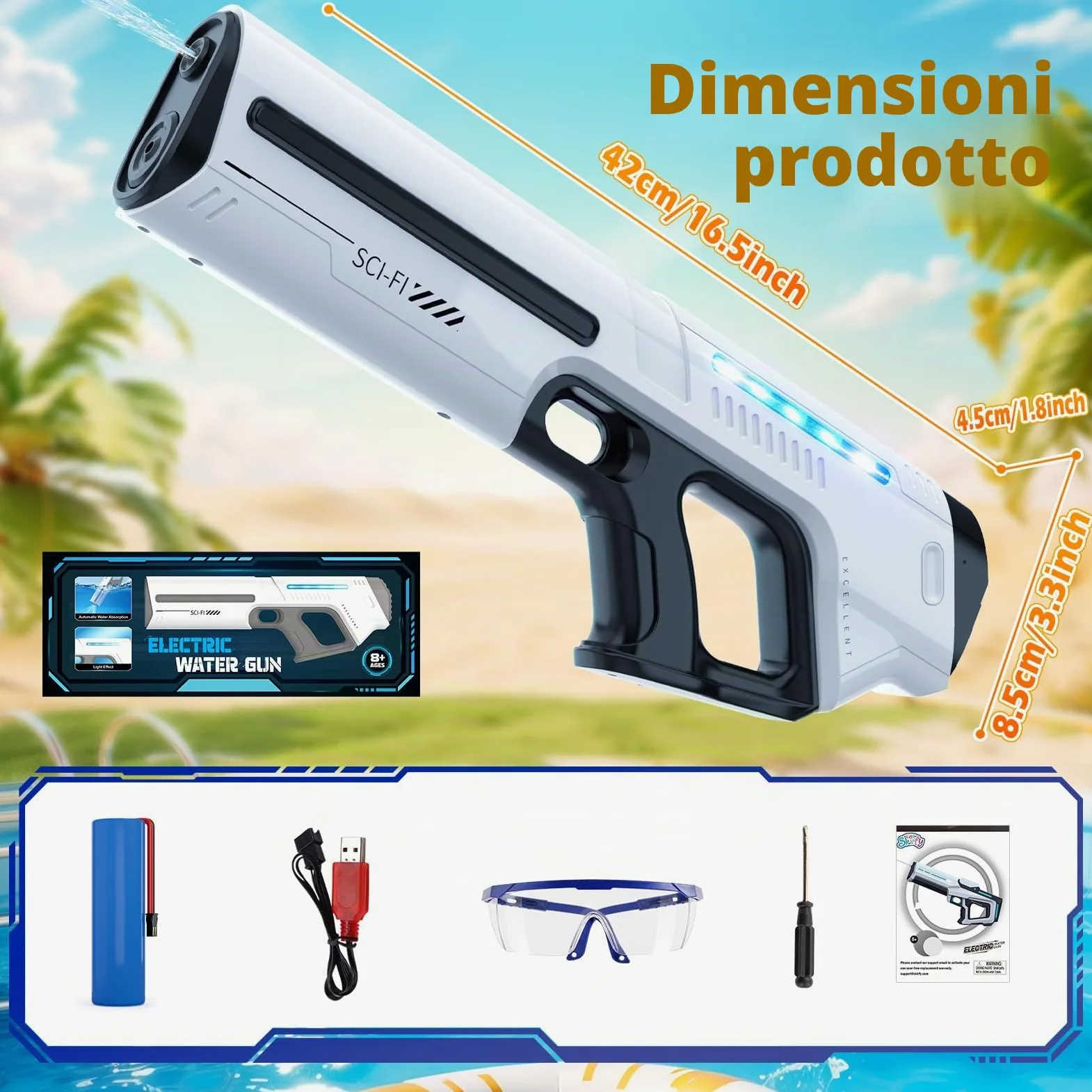 Skirfy Pistola ad acqua elettrica per bambini e adulti, giocattolo a spruzzo a batteria con serbatoio, portata 9 m, luce a LED, assorbimento automatico dell'acqua, gioco estivo in spiaggia all'aperto