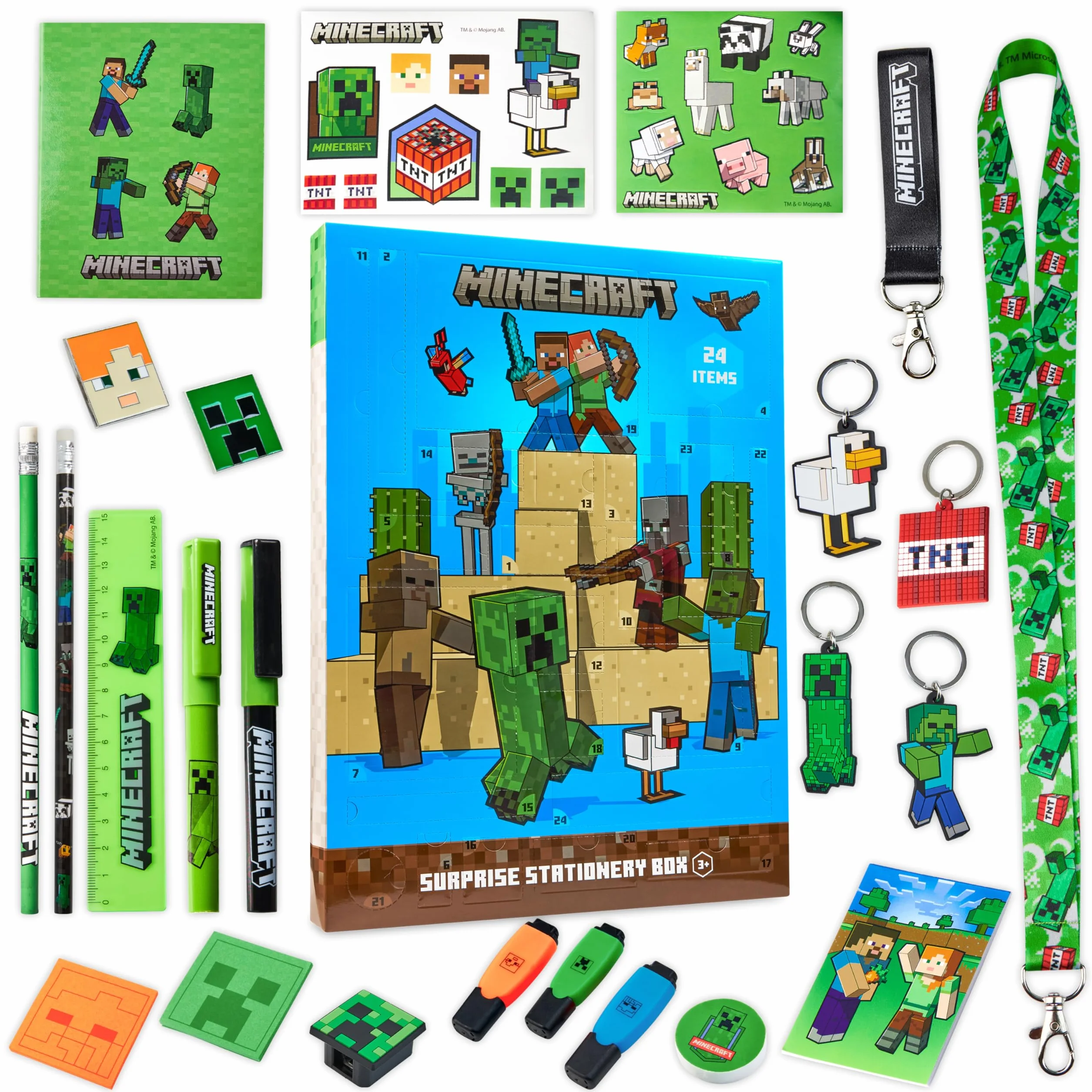 Minecraft Calendario Avvento 2025 Cancelleria e Accessori Countdown Natale Calendari Avvento Cartoleria Creeper Penne Portachiavi Regalo per Gamer (Blu)
