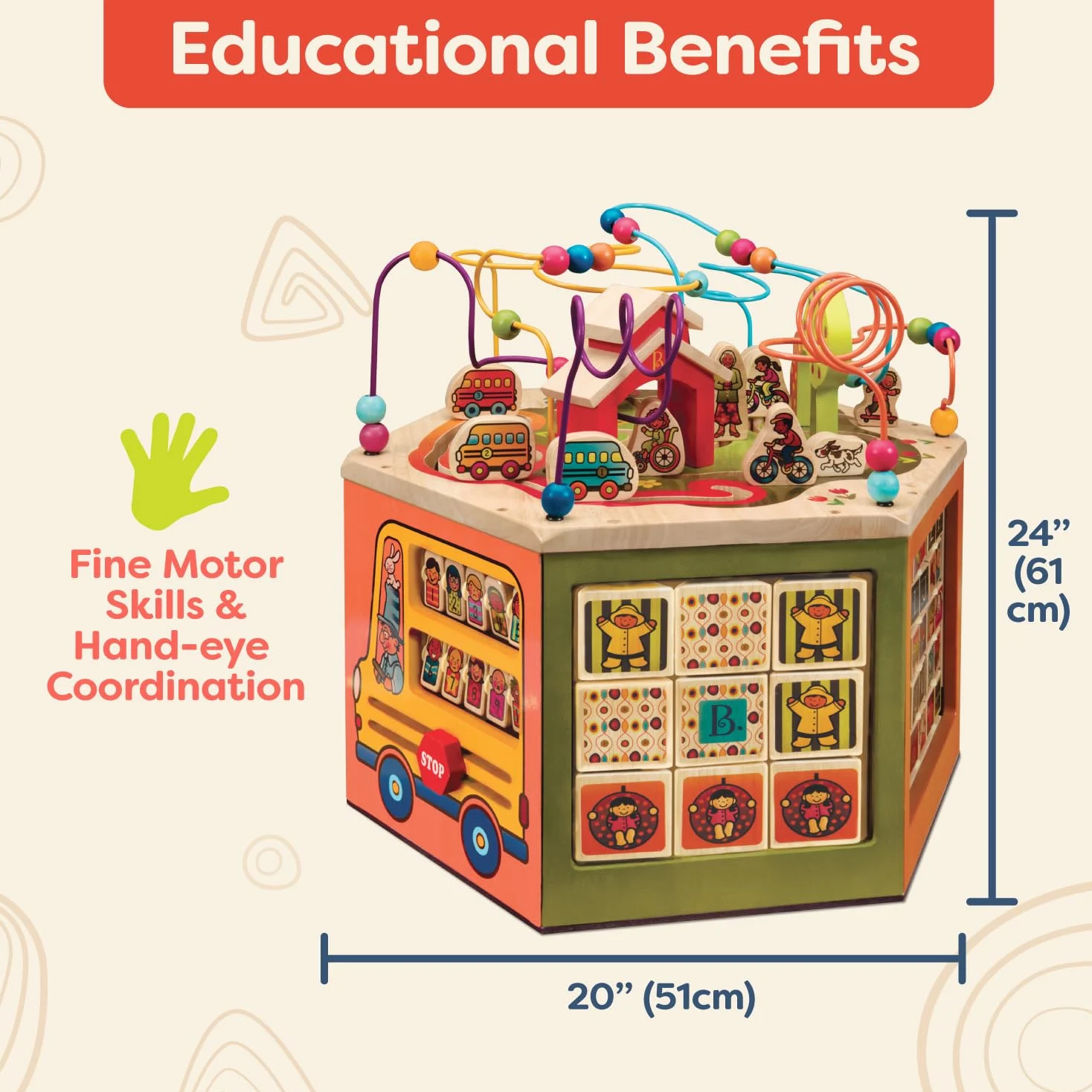 B. toys Youniversity, cubo attività in Legno con 6 Lati di Gioco | Centro attività con 6 lati di gioco, alfabeto, numeri, forme, perline e percorsi; struttura in legno massello; 1+ anni