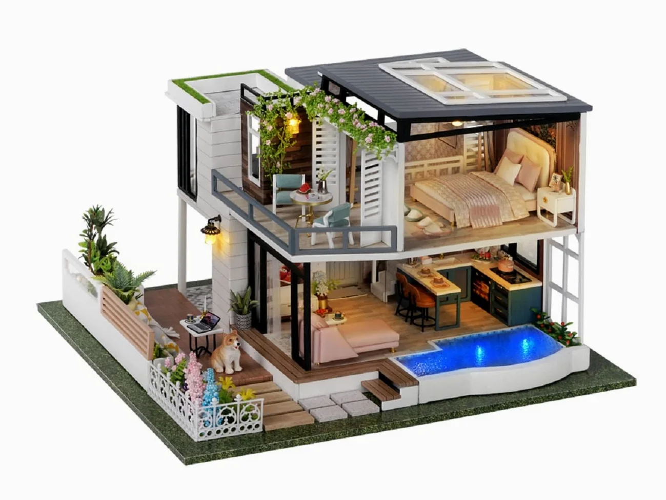 Generico Kit per Casa delle Bambole in Miniatura Fai da Te con Piscina in Legno 3D Giocattolo Puzzle di Pezzi Pretagliati Miniature da Costruire