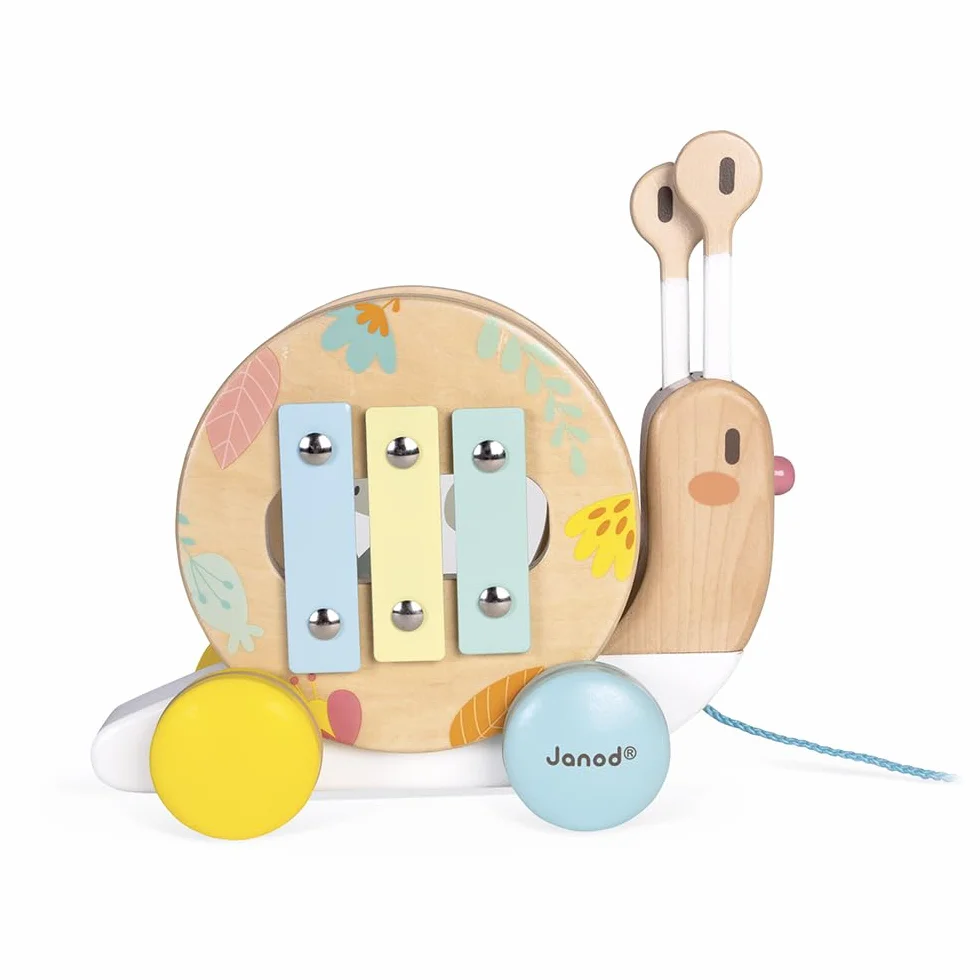 Janod - Chiocciola in Legno da Trainare Pure - Giocattolo in Legno con Xilofono e Tamburello - Vernice Ad Acqua - Giocattolo Educativo Musicale 1A Infanzia - Da 1 Anno, J05159