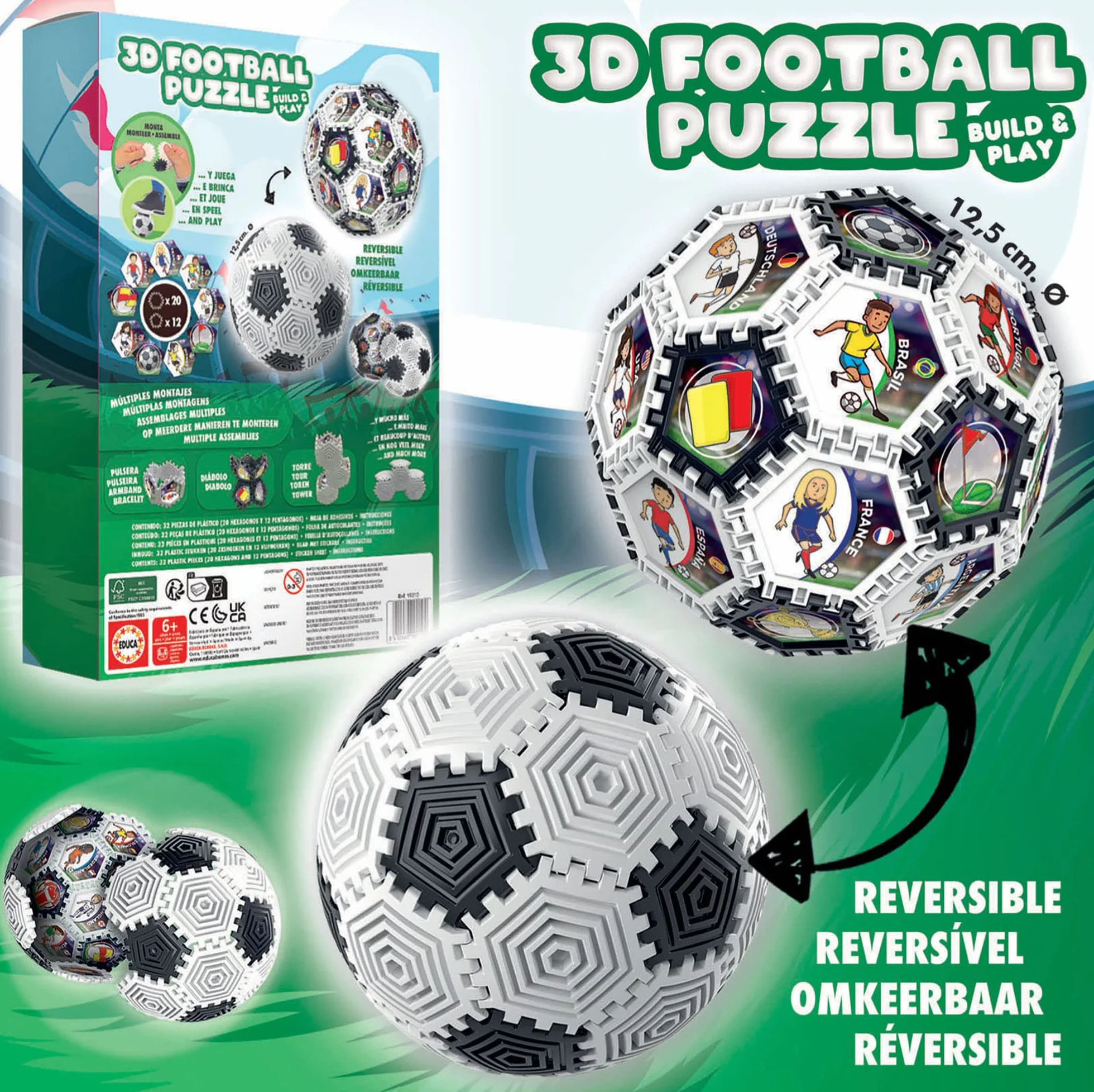 Educa - 3D Football Puzzle | 3D Puzzle Calcio Bambini | Puzzle 3D Pallone con 32 Pezzi e con cui Puoi Giocare | Puoi Creare Diverse Forme. Dai 6, 7, 8 Anni in su (19210)