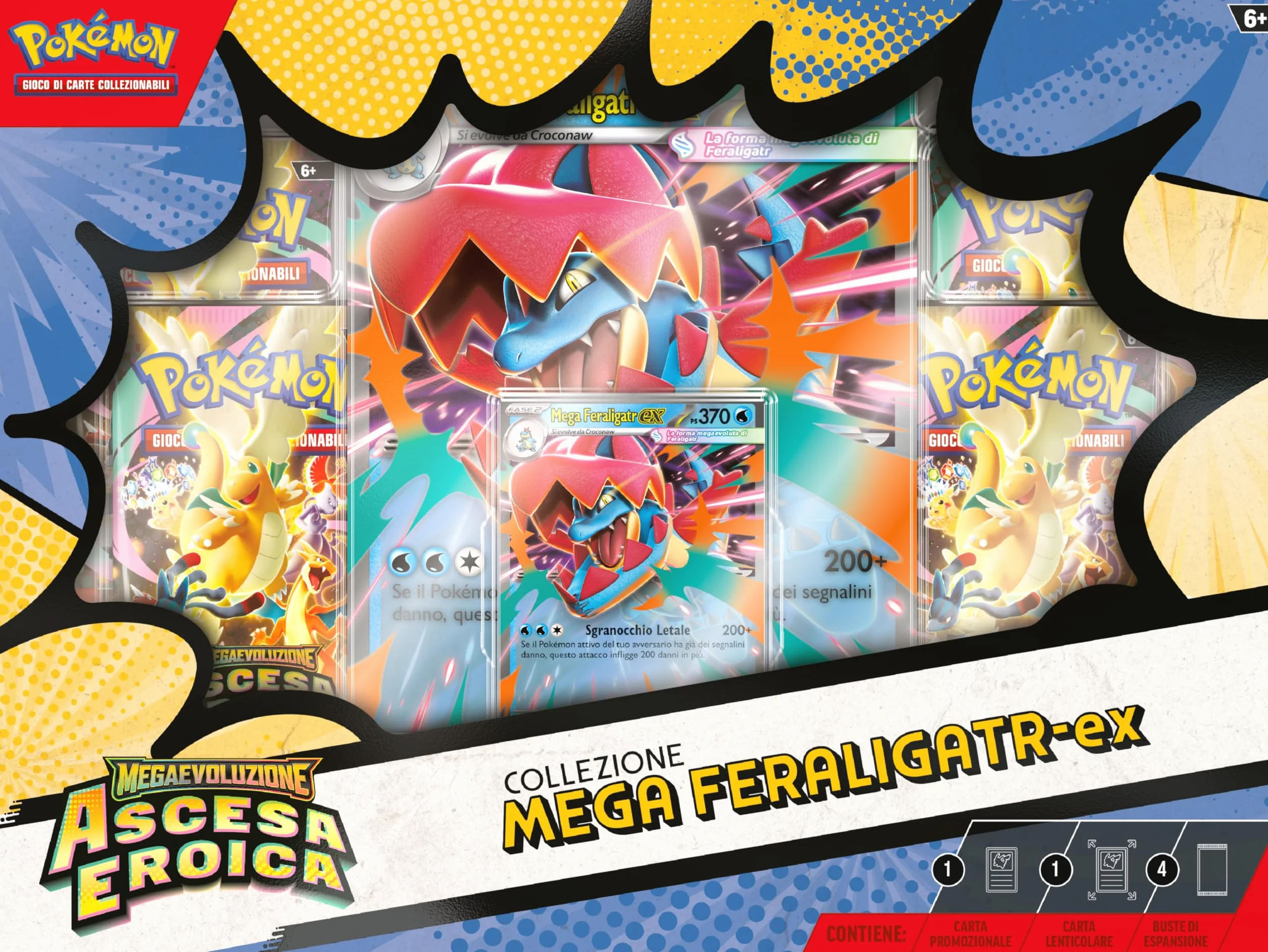 Pokémon: collezione Mega Feraligatr-ex dell’espansione Megaevoluzione - Ascesa Eroica del GCC Pokémon (una carta promozionale olografica, una carta lenticolare gigante e quattro buste di espansione)
