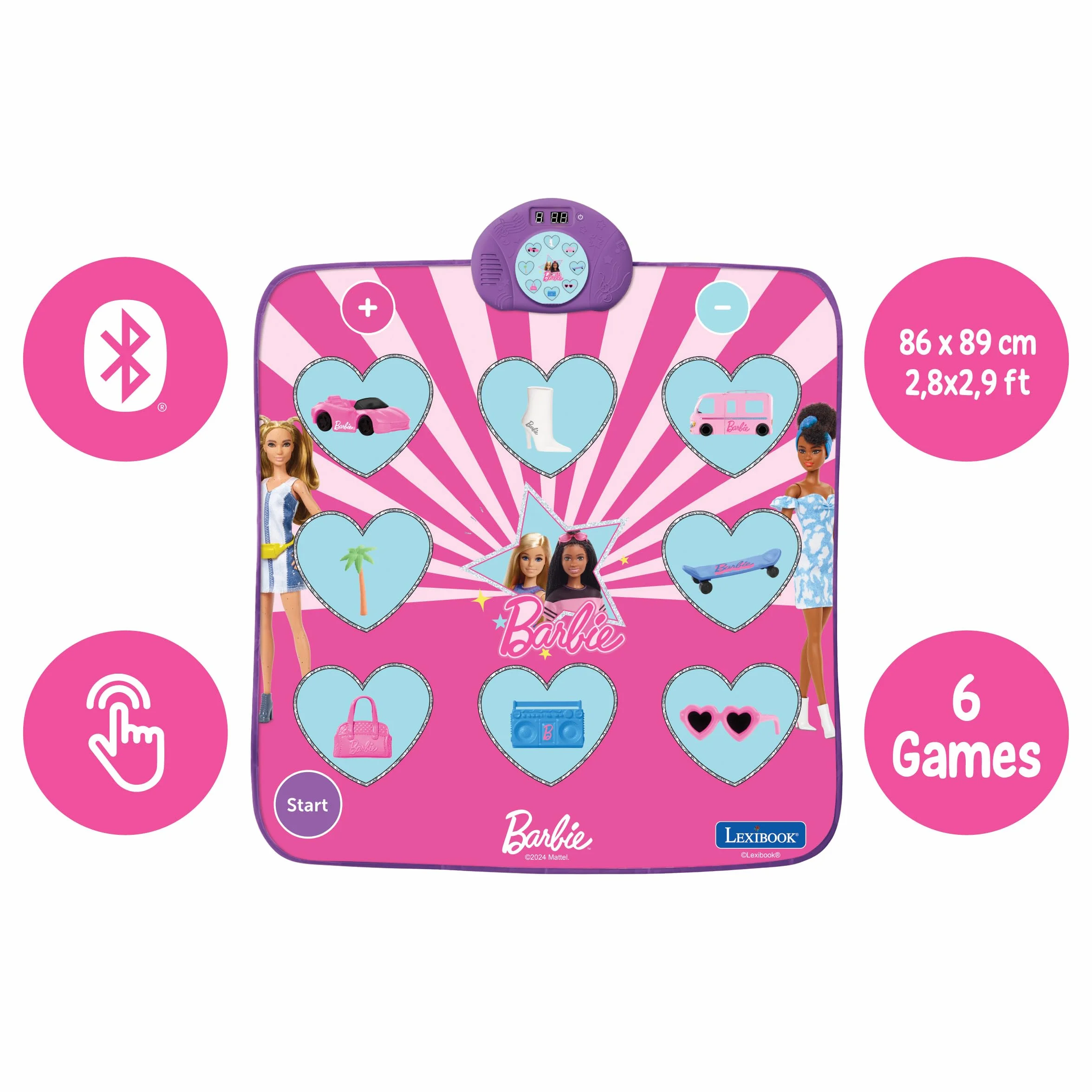 Lexibook, Mattel Barbie, Tappeto da Danza elettronico Barbie, Bluetooth e Luminoso con 6 modalità di Gioco, Rosa, DM10BBLXB