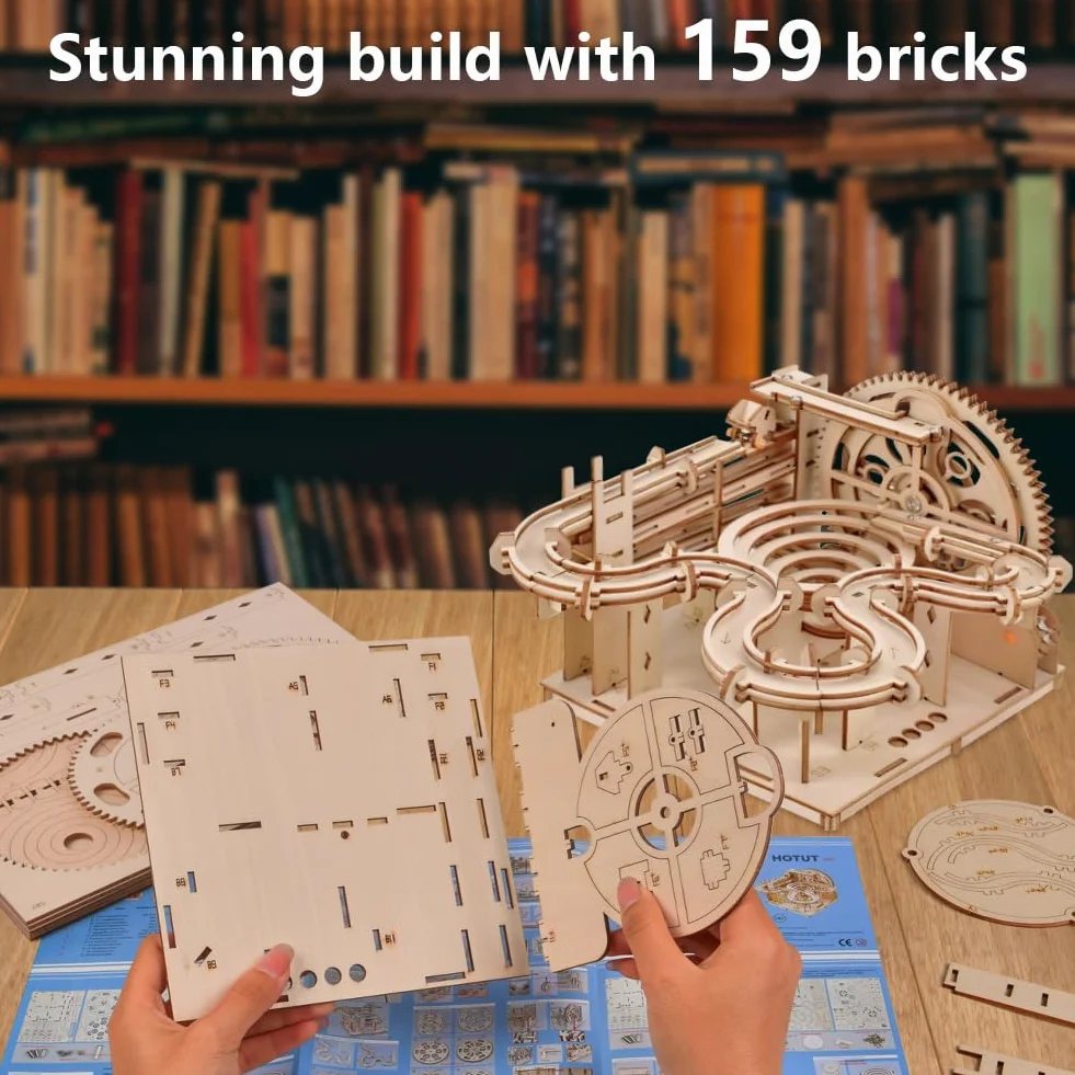 HOTUT Puzzle 3D in Legno, Pista a Ruota Idraulica, Fai-da-Te Pista per Biglie Kit di Costruzione Modello Meccanico, kit di Modelli 3D per adulti 4 Steel Balls, Giocattoli Educativi Regalo per Bambini