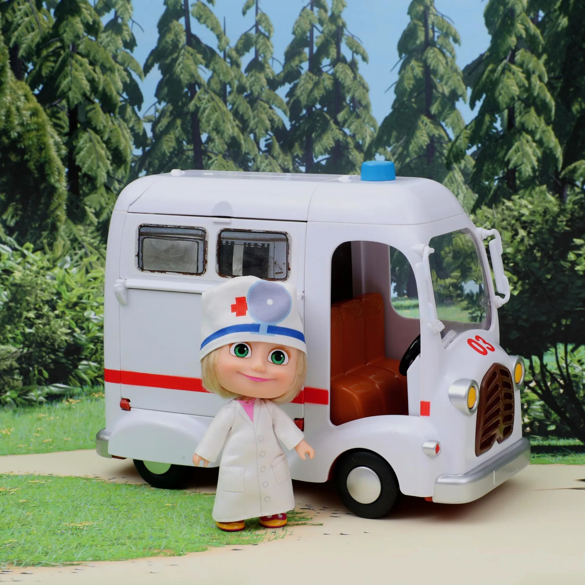 MASHA & THE BEAR - Ambulanza Di Masha E Orso, Veicolo Con Vano Apribile E Bambola Masha Dottoressa Da 12 Cm Inclusa, Ricca Di Accessori, Per Bambini e Bambine dai 3 anni