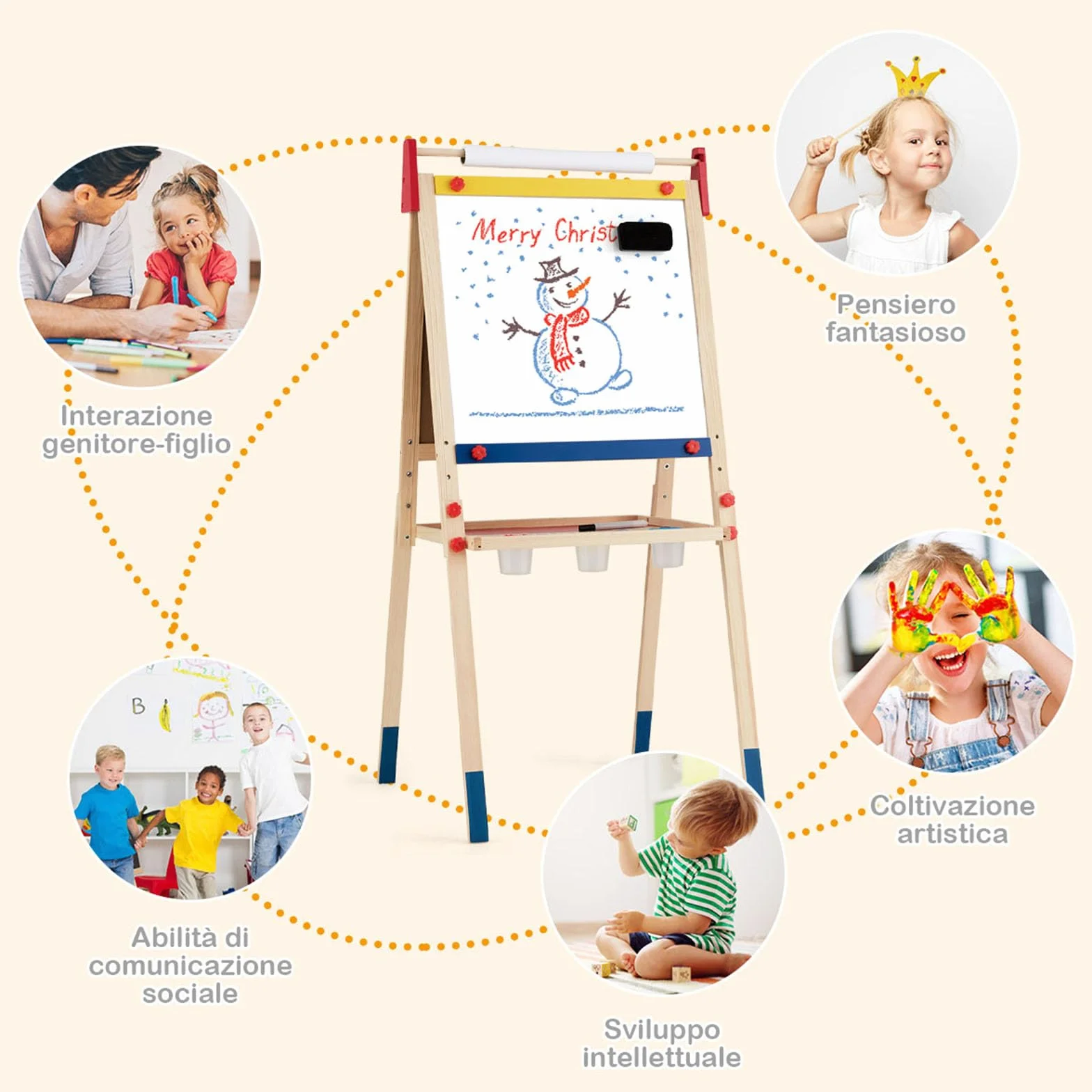 COSTWAY Cavalletto per Bambini 3 in 1, Lavagna Bifacciale, Legno (60x55x112,5-124,5 cm)